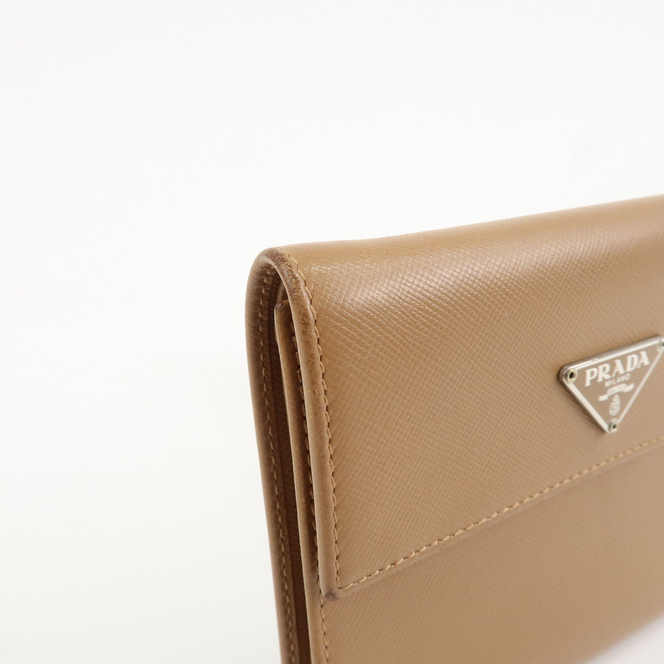 PRADA Triangle Logo Saffiano Leather Trifold Wallet Brown Used