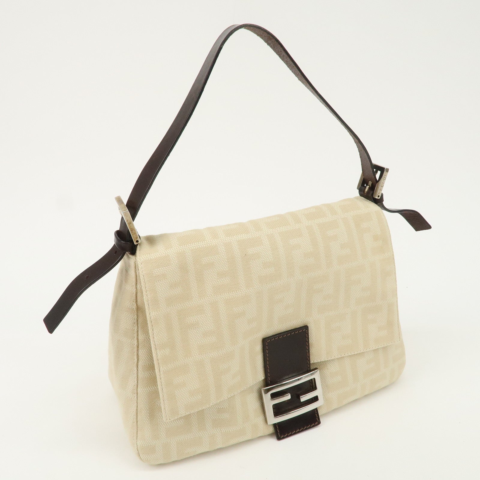 FENDI Mamma Baguette Zucca Canvas Shoulder Bag Beige 26325 Used