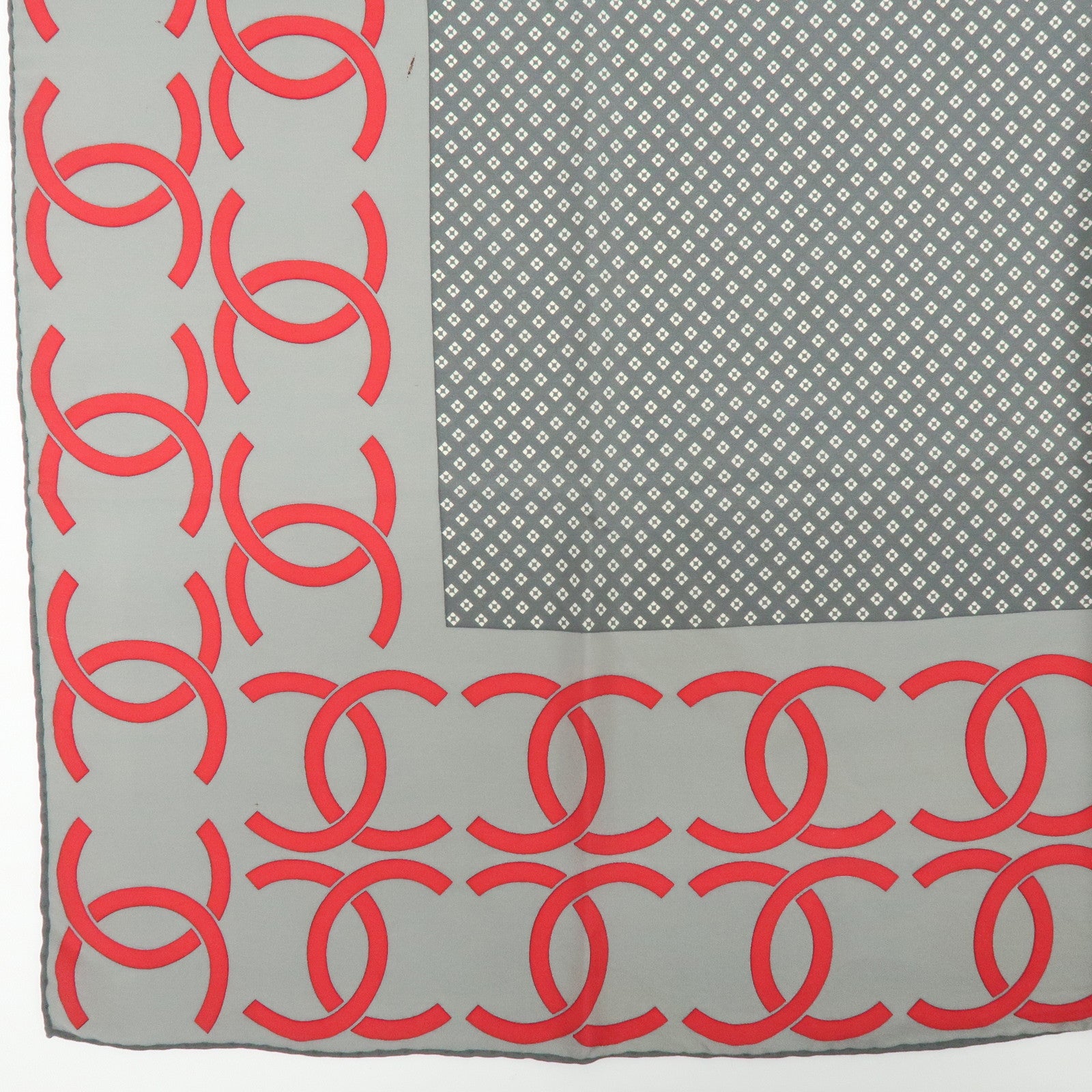 CHANEL COCO Mark Silk 100% Scarf Shawl Geometric Pattern Gray Red