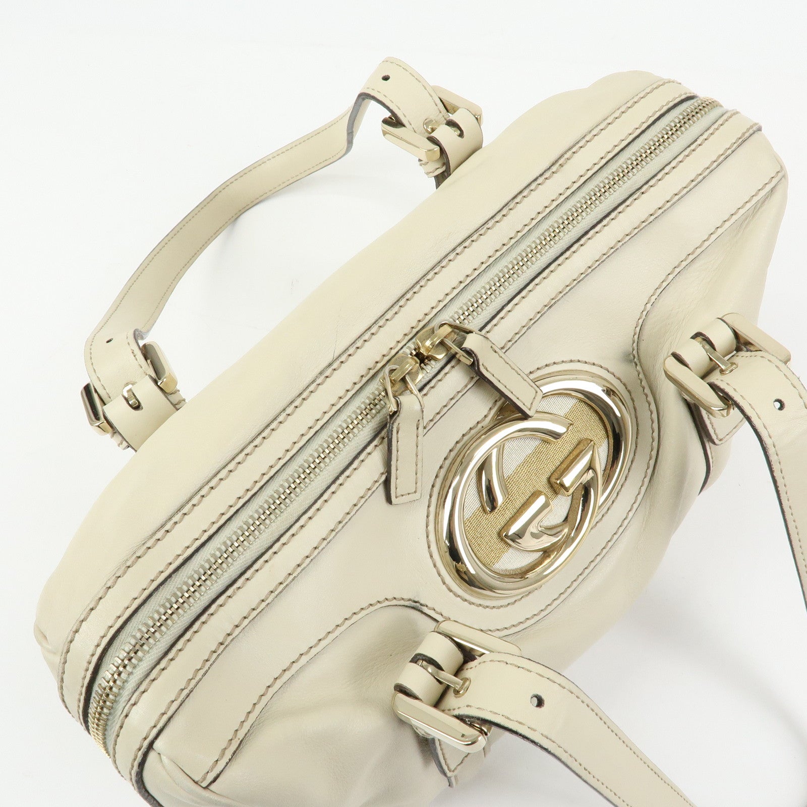 GUCCI Interlocking G Sherry Leather Boston Hand Bag Ivory 170009