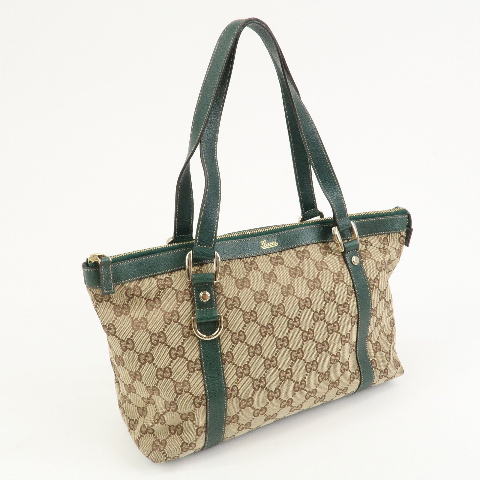 GUCCI Abbey GG Canvas Leather Tote Bag Beige Dark Green 141470