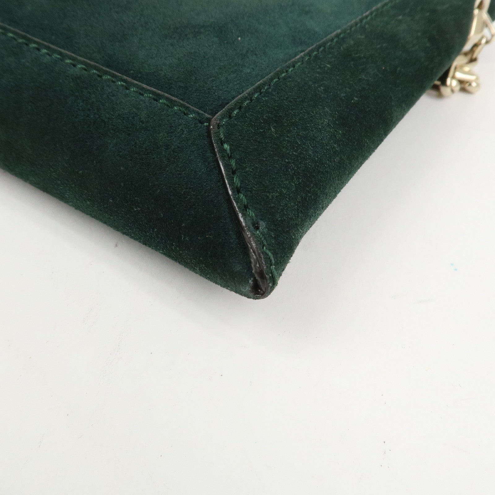 JIMMY CHOO VARENNE Suede Leather Chain Shoulder Bag Dark Green