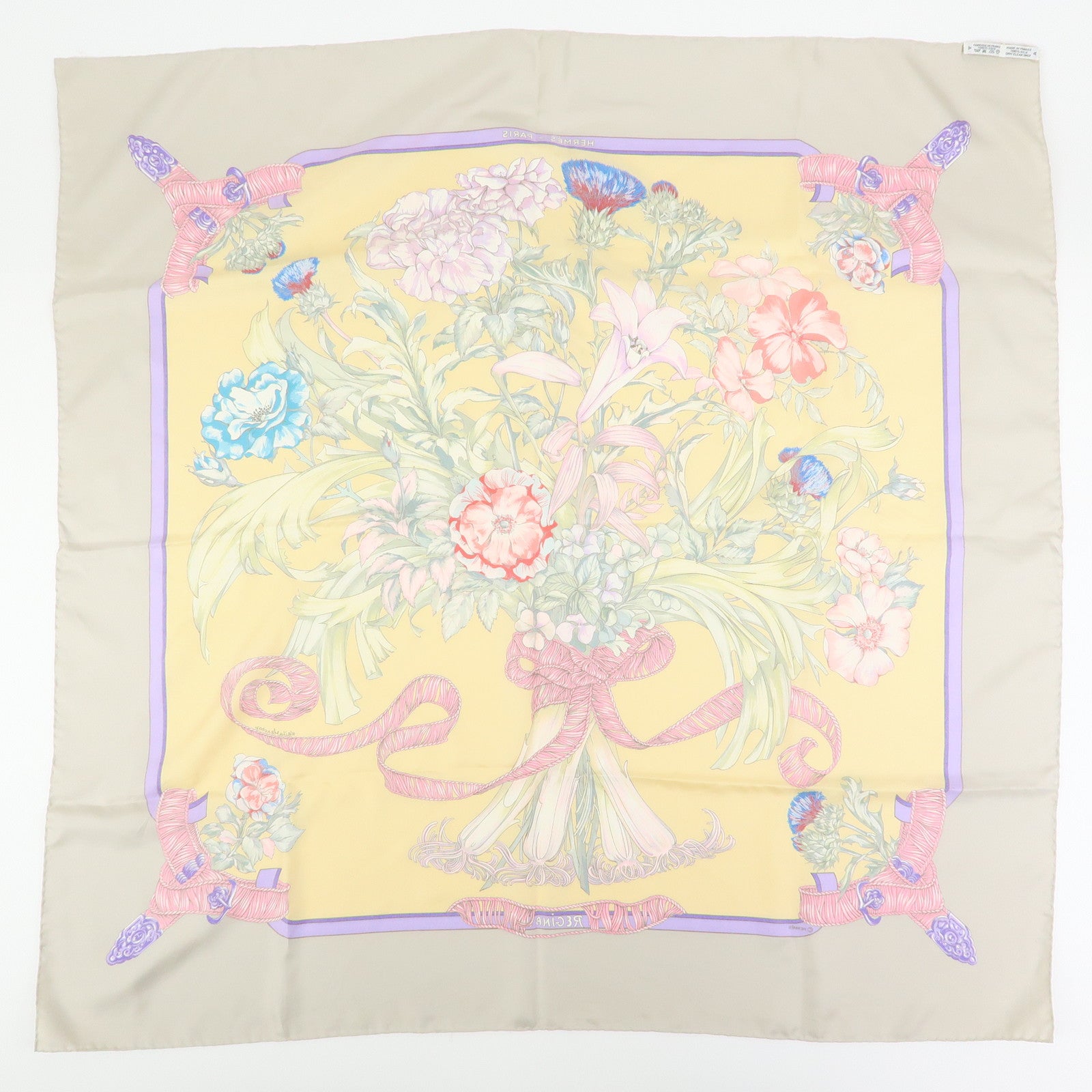 HERMES Carre 90 Silk 100% Scarf REGINA Pink Beige Multicolor