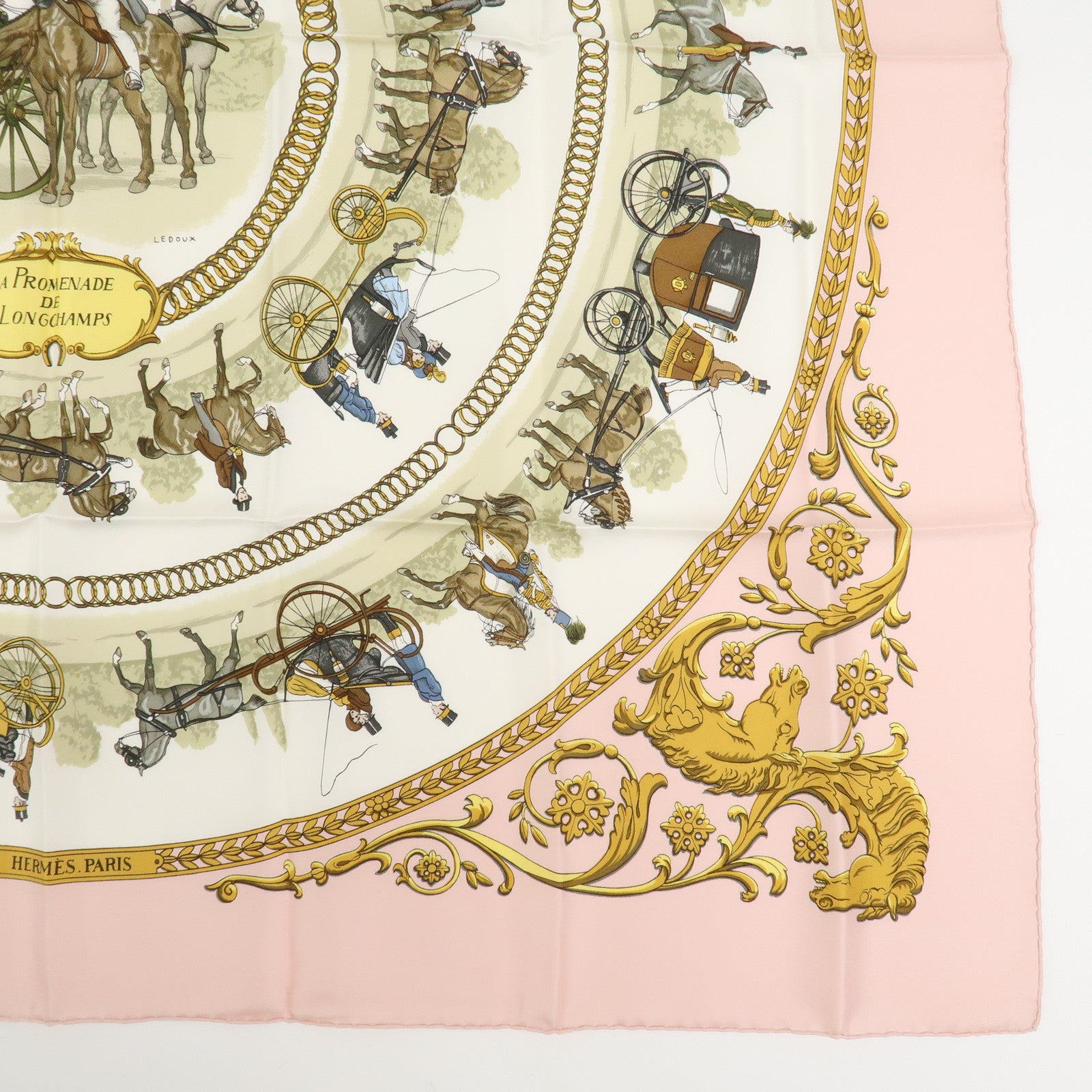 HERMES Carre 90 Silk 100% Scarf LA PROMENADE DE LONGCHAMPS White