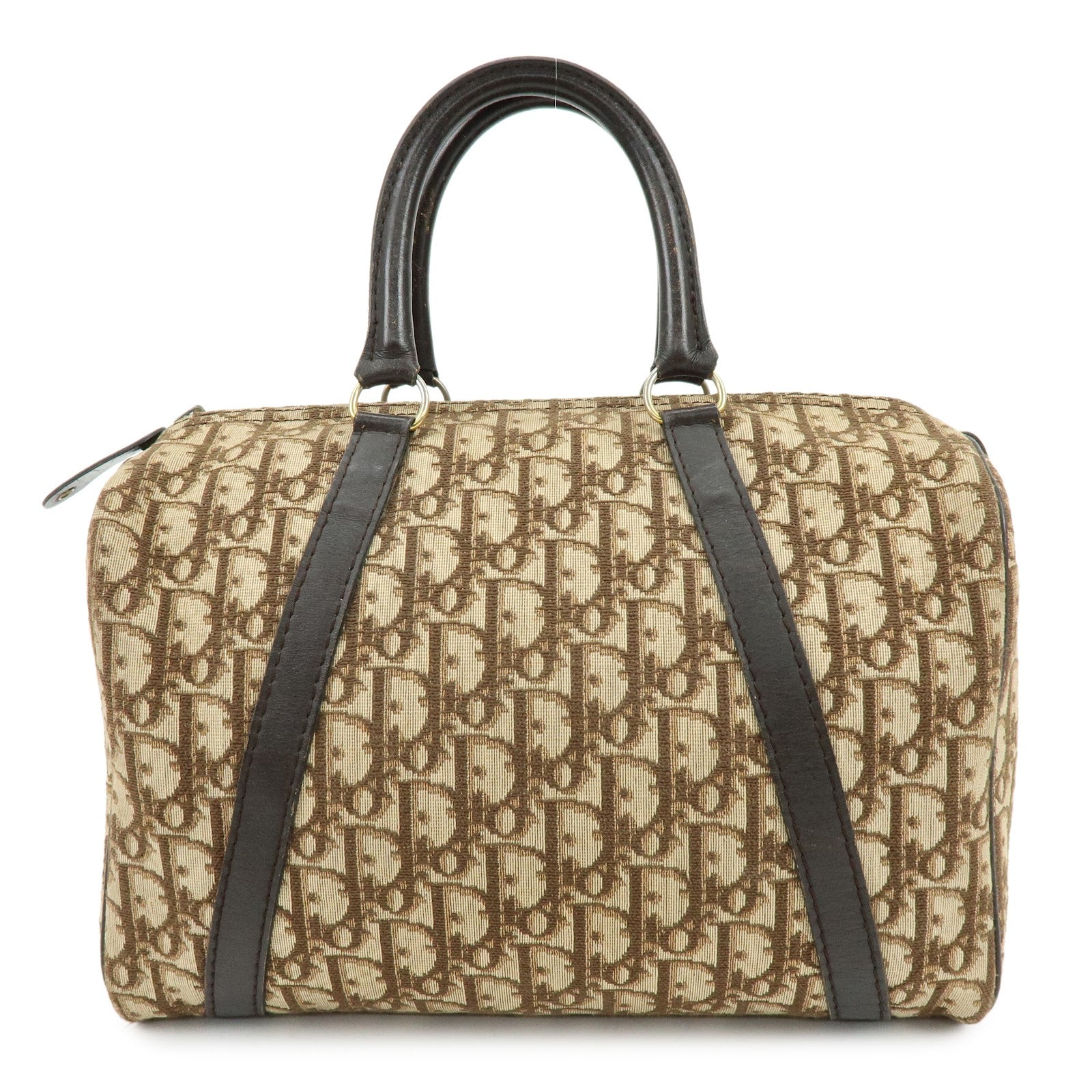 Christian Dior Trotter Jacquard Canvas Leather Boston Bag Brown