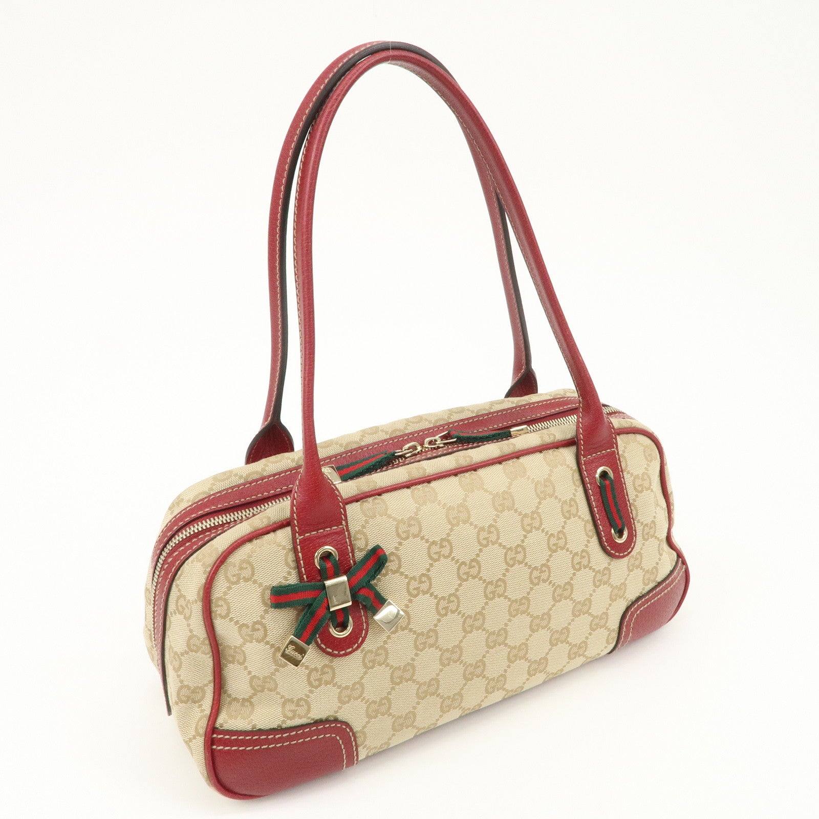 GUCCI Sherry Princy Leather GG Canvas Boston Bag Beige Red 161720