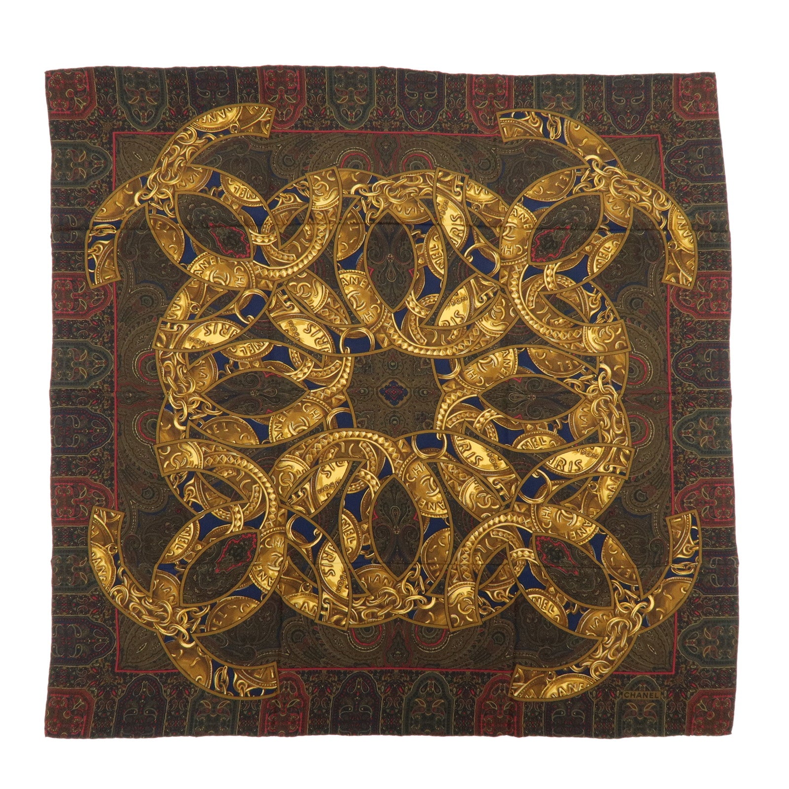 CHANEL Silk 100% Scarf Paisley Pattern Brown Multicolor