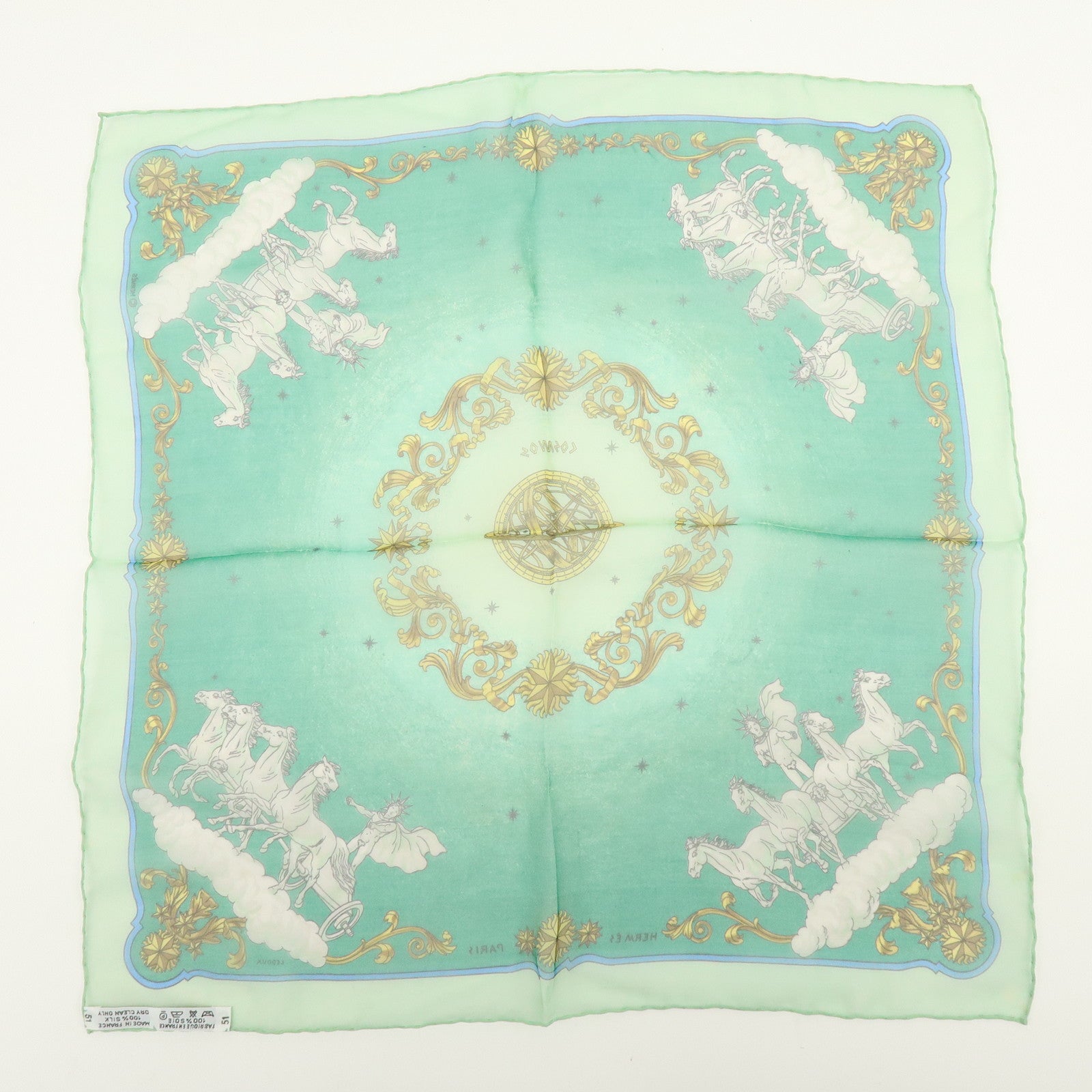 HERMES Carre 40 Silk Scarf COSMOS Horse-drawn Carriage Motif Green
