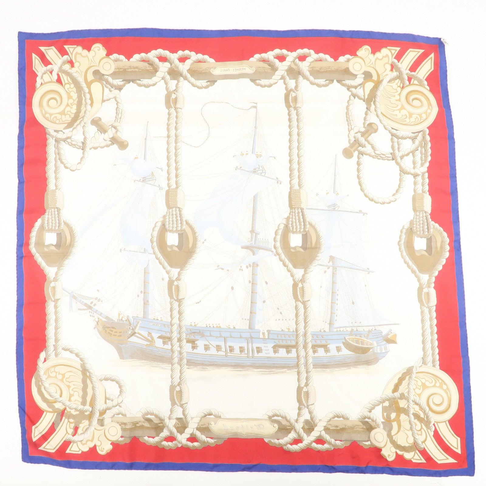 HERMES Carre 90 Silk 100% Lephyr Scarf Ivory Red Blue