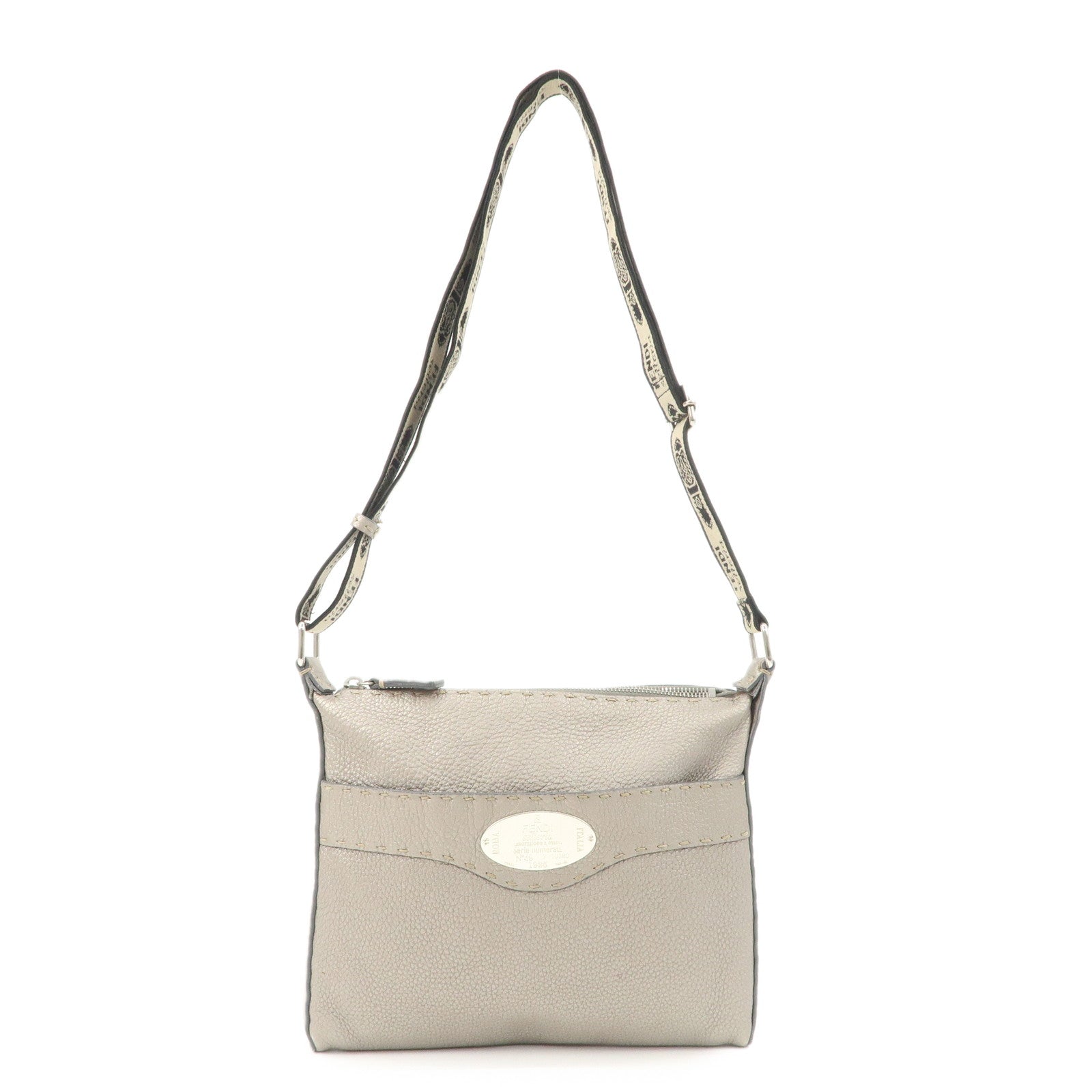 FENDI Selleria Leather Shoulder Bag Crossbody Bag Gray 8BT092