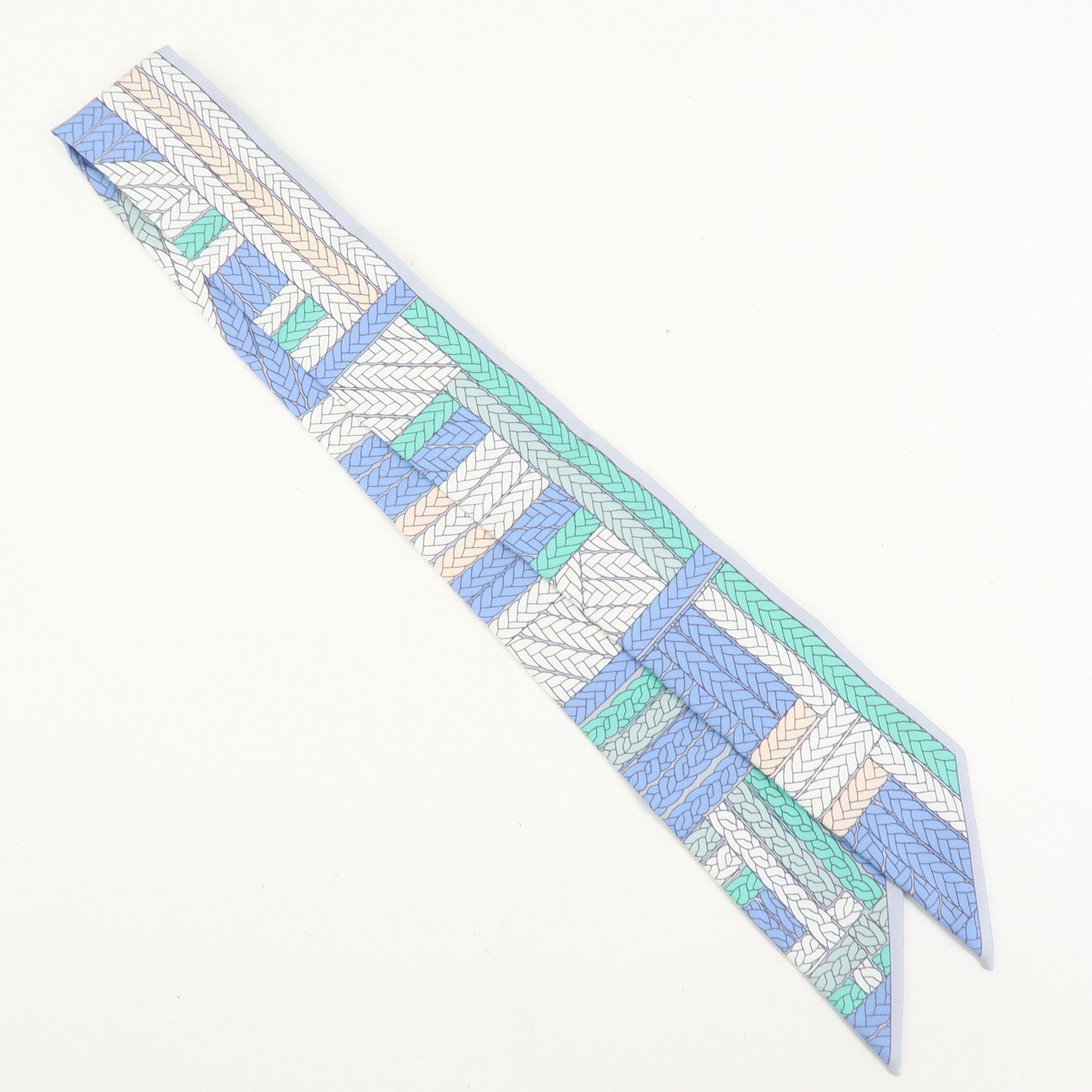 HERMES Twilly Silk 100% Scarf TRESSES H Blue White
