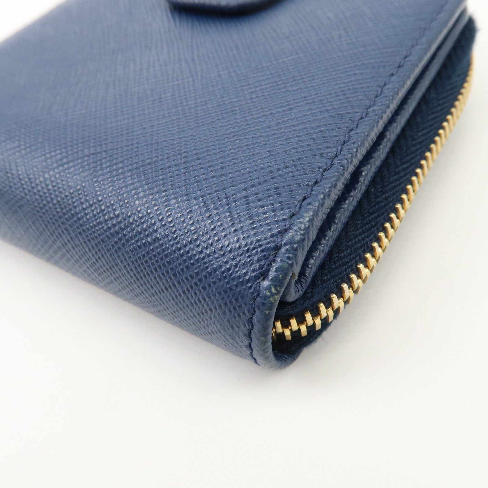 PRADA Logo Leather Round Zippy Bi-fold Wallet Blue 1ML522 Used