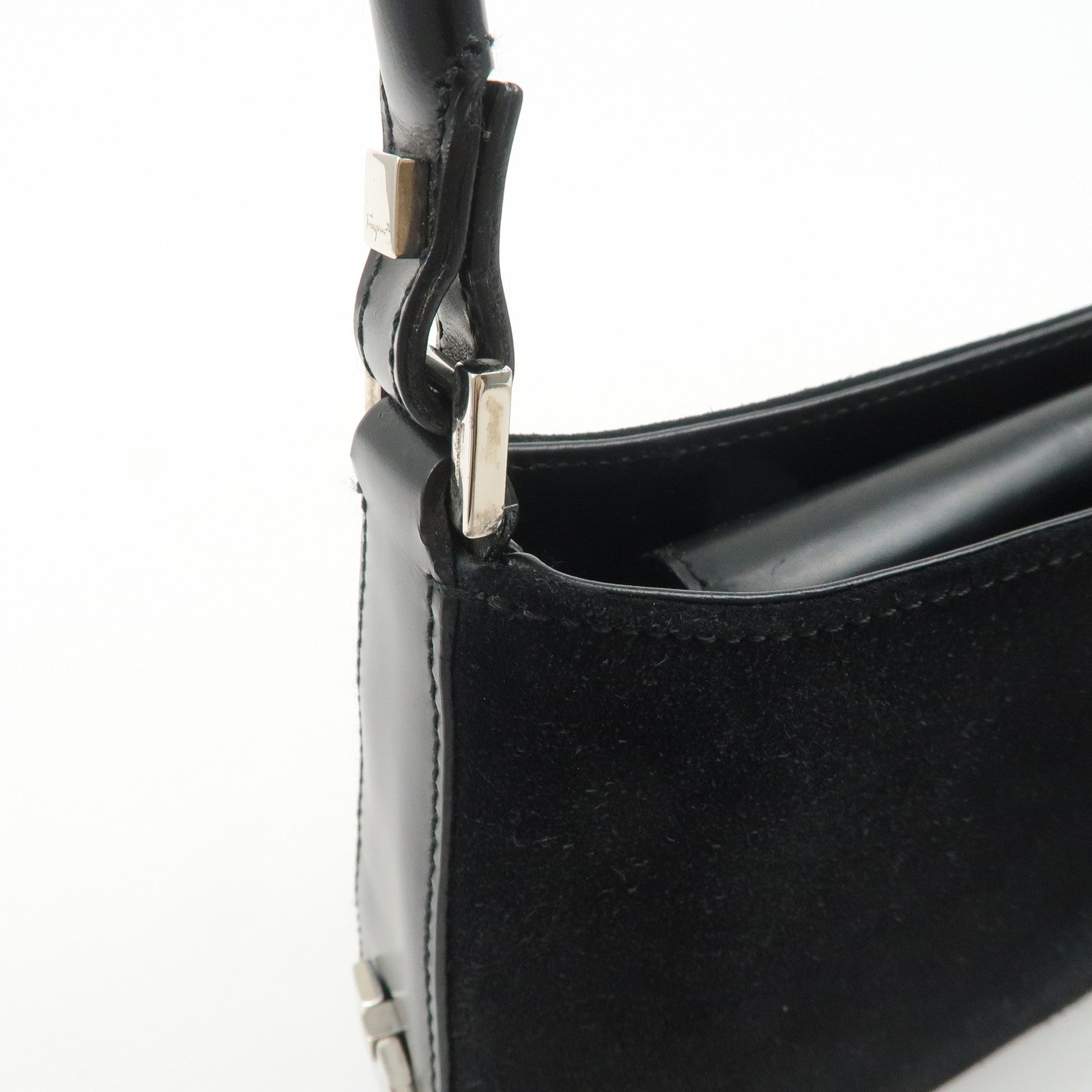 Ferragamo Logo Leather Suede Shoulder Bag Hand Bag Black