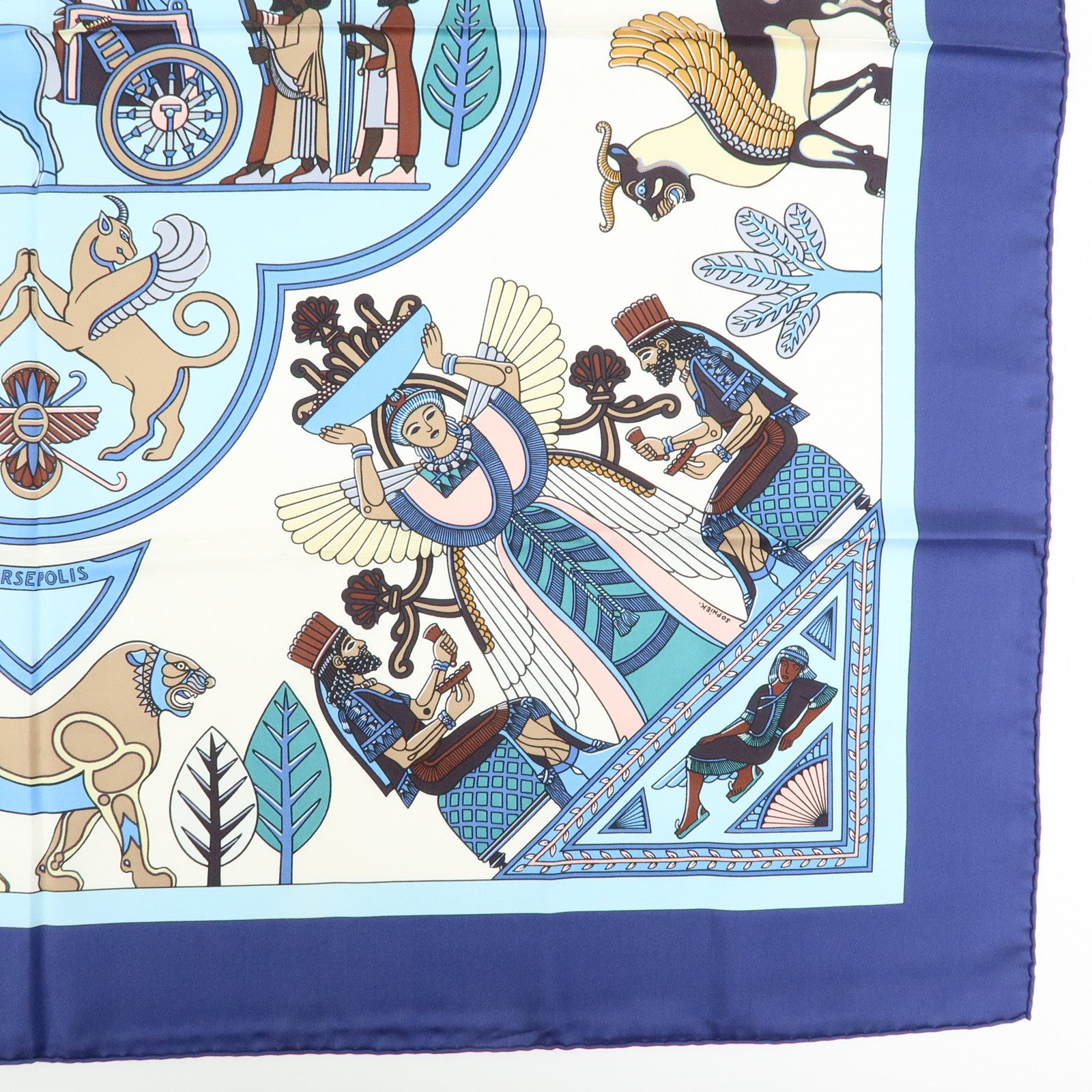 HERMES Carre 90 Silk 100% Scarf PERSEPOLIS Persian Print Brown Blue