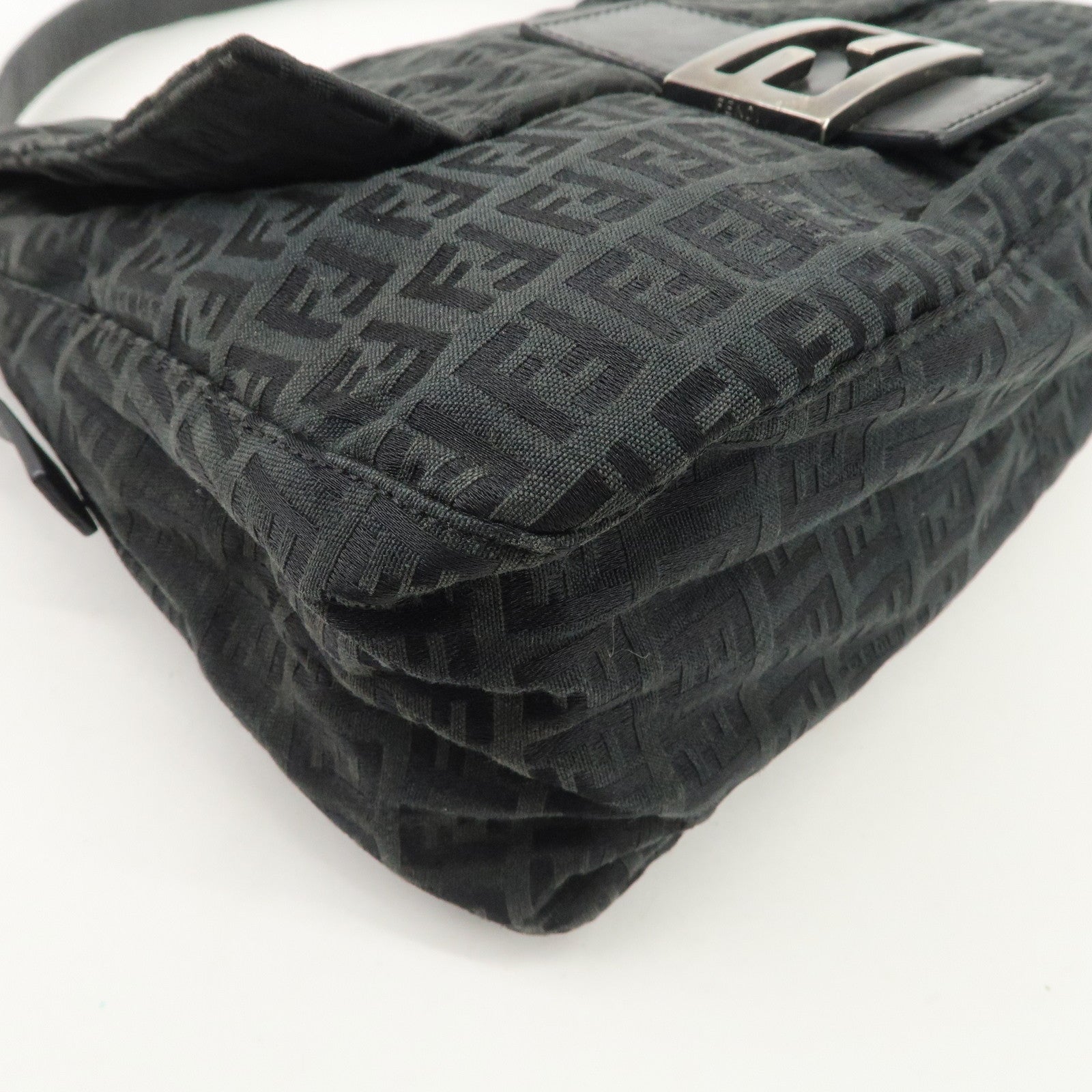 FENDI Mamma Baguette Zucchino Leather Canvas Shoulder Bag Black 8BR001 Used