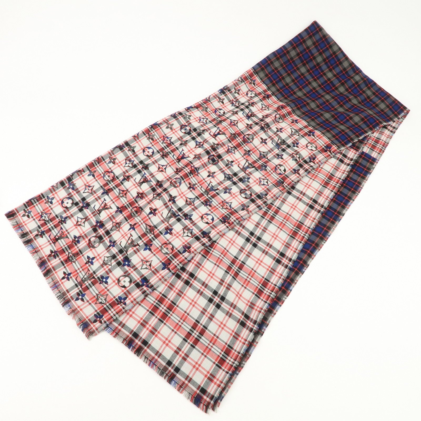 Louis Vuitton Etole Monogram Wool Silk Scarf Plaid Black Red M70333