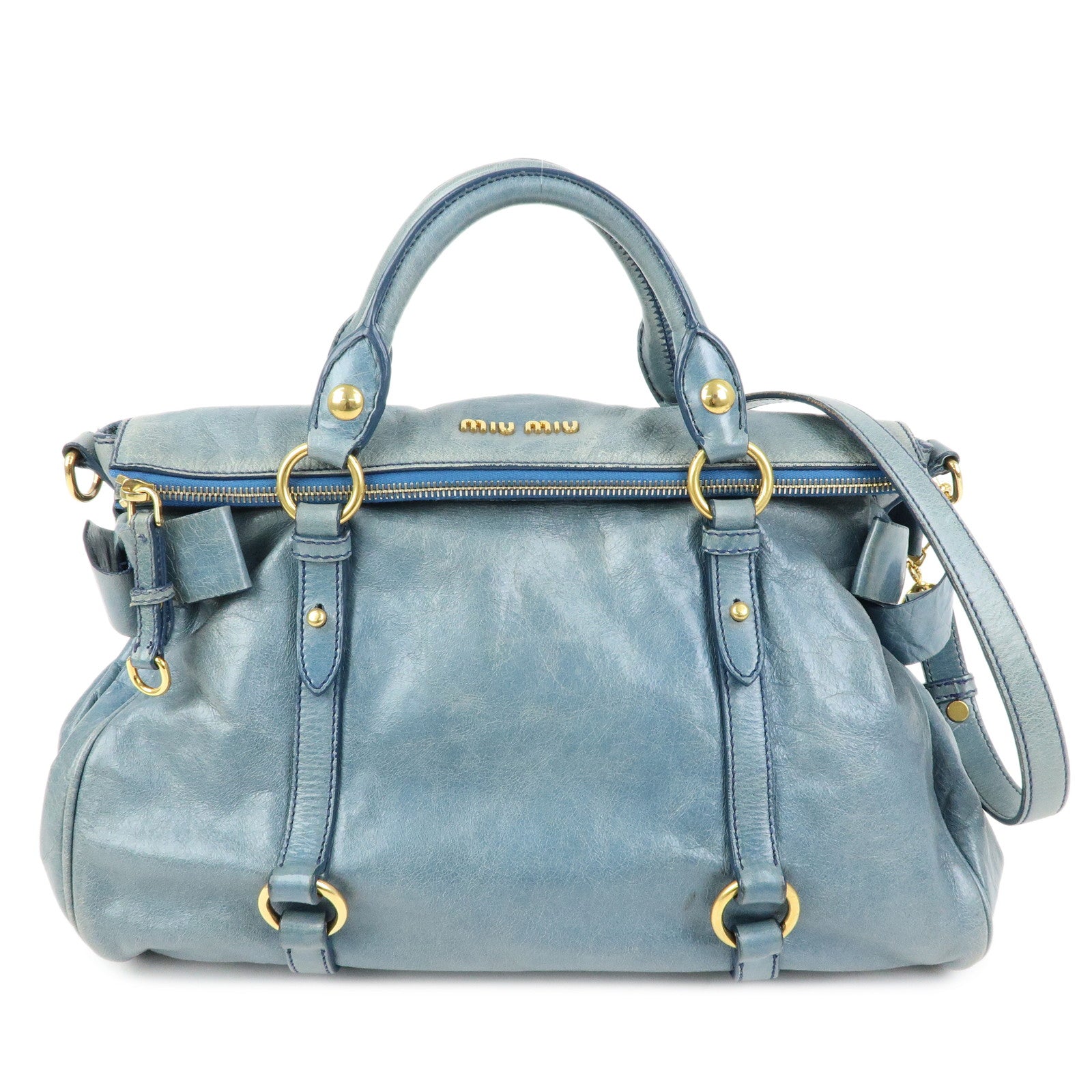 MIU MIU Side Ribbon Vittello Lux 2Way Bag Hand Shoulder Bag Blue