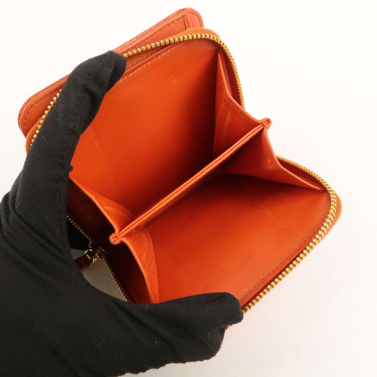 MIU MIU Leather Bi-Fold Wallet Compact Wallet Orange Gold Hardware Used