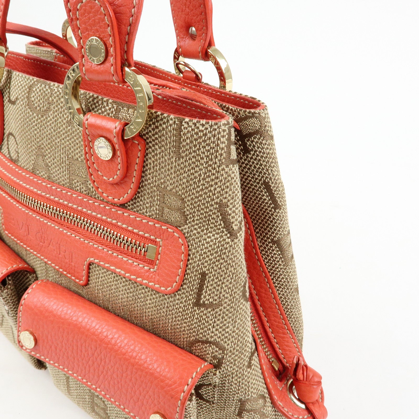 BVLGARI Logomania Canvas Leather 2Way Hand Shoulder Bag Brown Coral