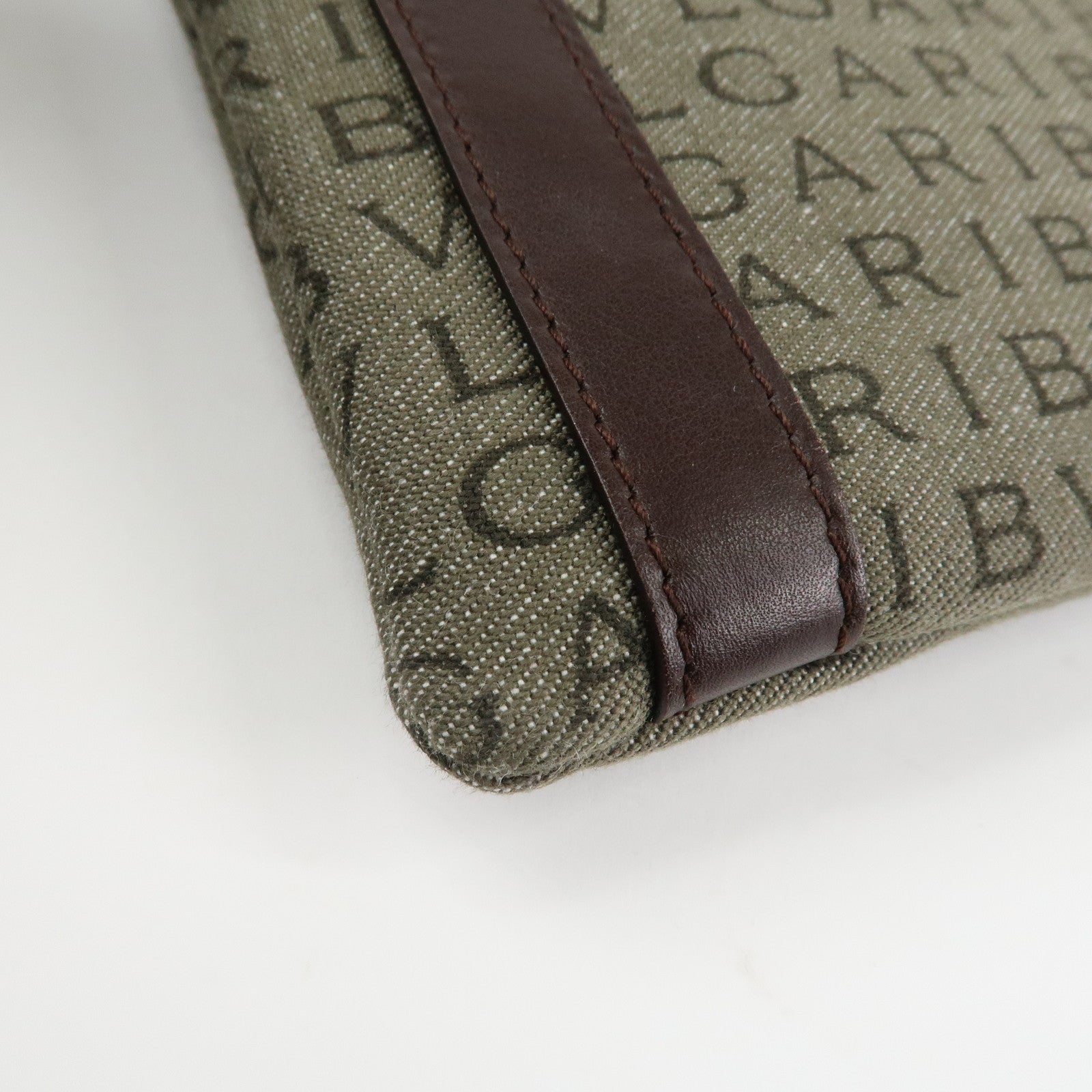 BVLGARI Logo Mania Leather Canvas Shoulder Bag Khaki Dark Brown Used