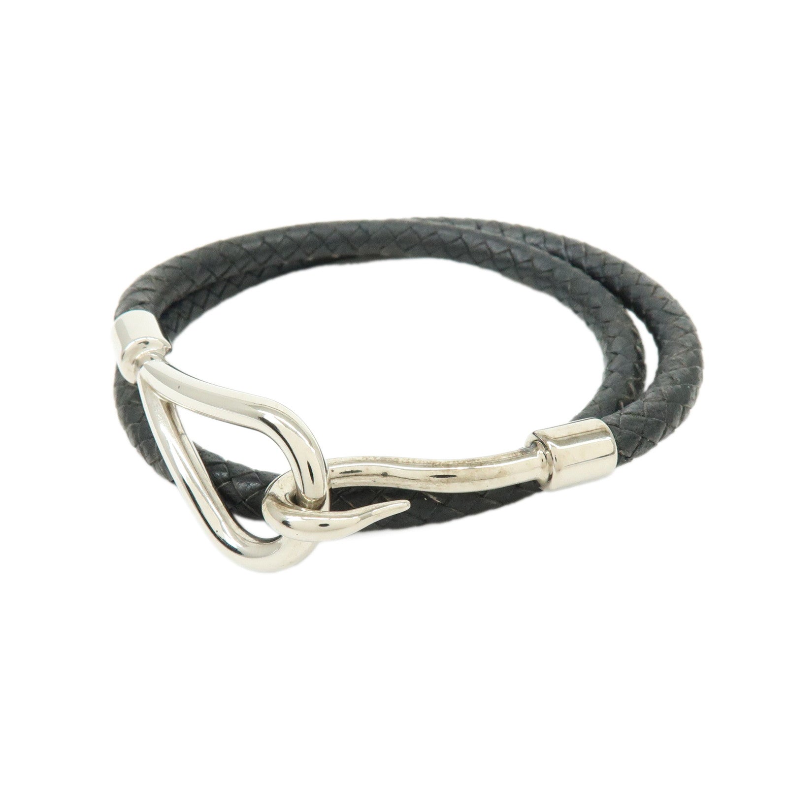 HERMES Jumbo Choker Double Tour Leather Metal Bracelet Black Silver