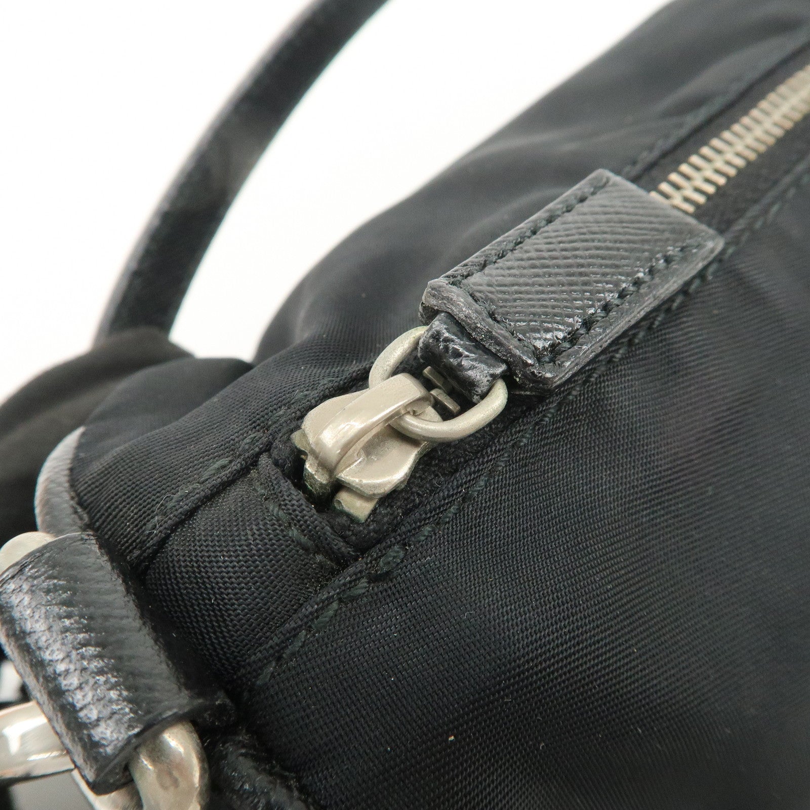 PRADA Triangle Logo Nylon Saffiano Leather Hand Bag Black