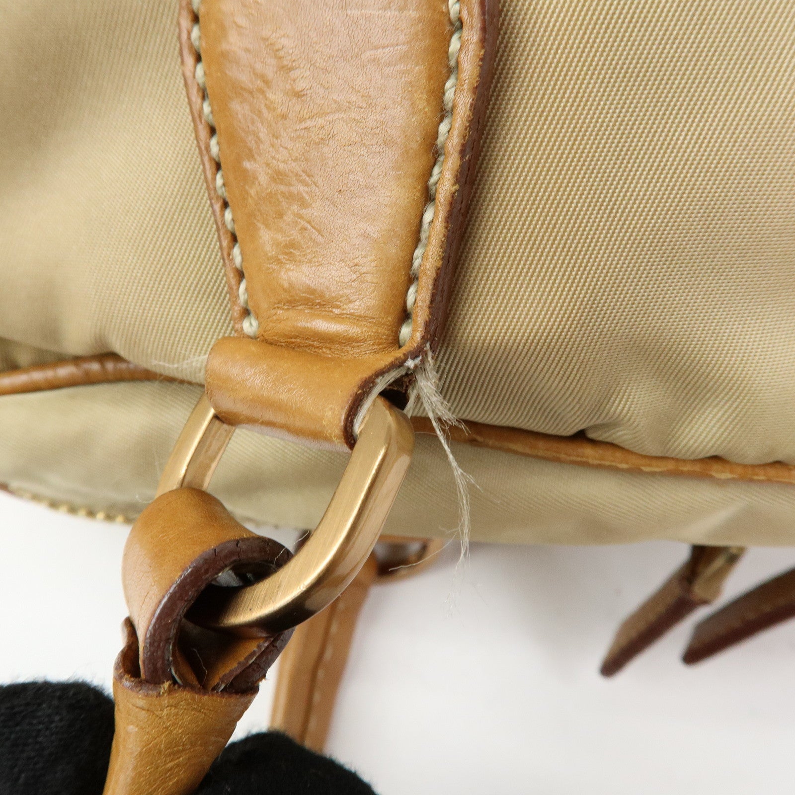 PRADA Triangle Logo Nylon Leather Shoulder Hand Bag Beige Brown