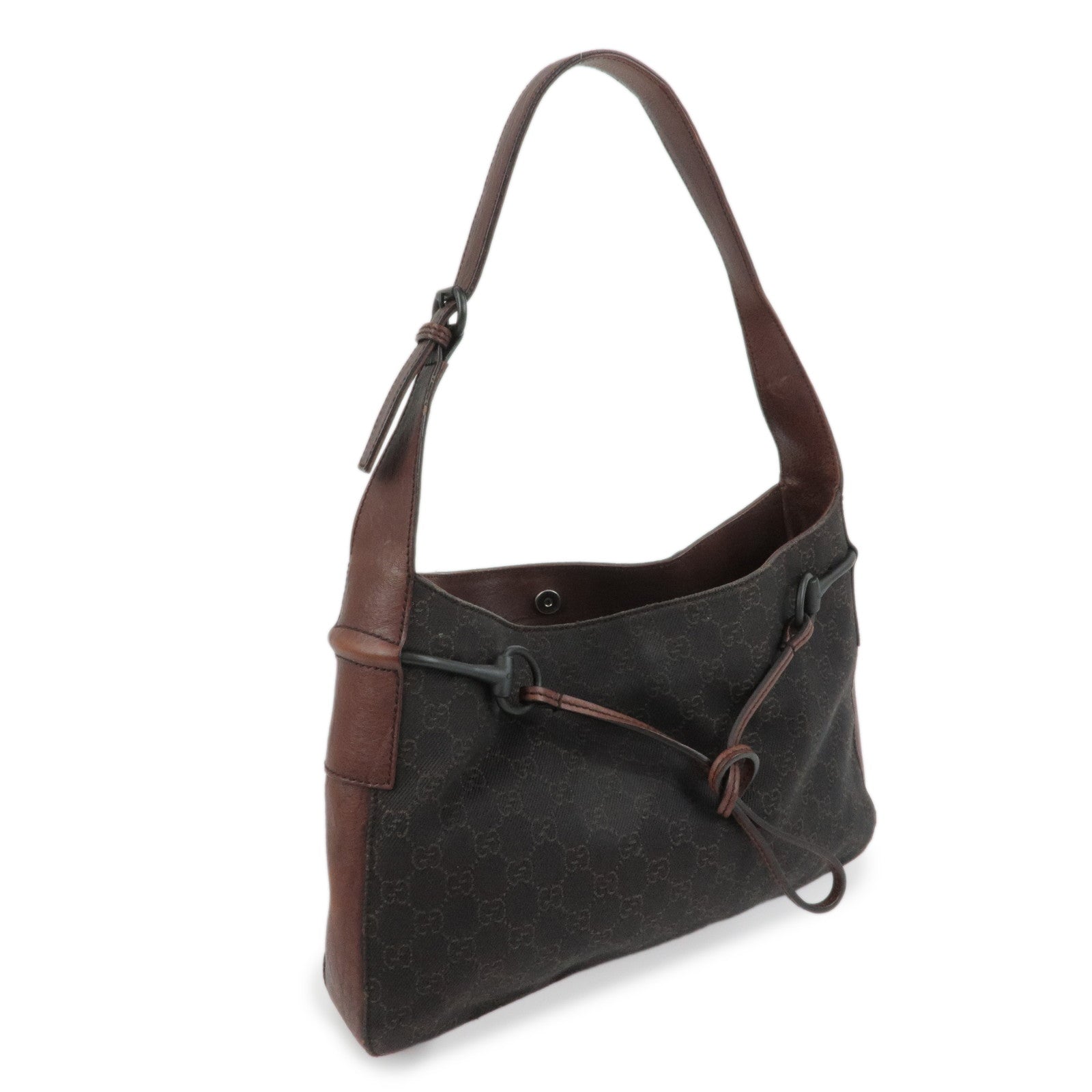 GUCCI Horsebit GG Monogram Leather Shoulder Bag Dark Brown 17325