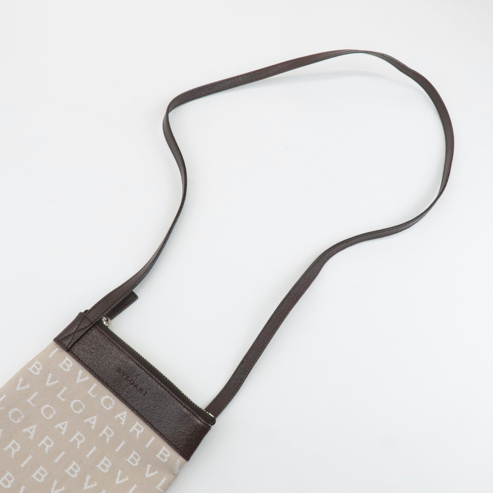 BVLGARI Logo Mania Canvas Leather Shoulder Bag Beige Brown Used