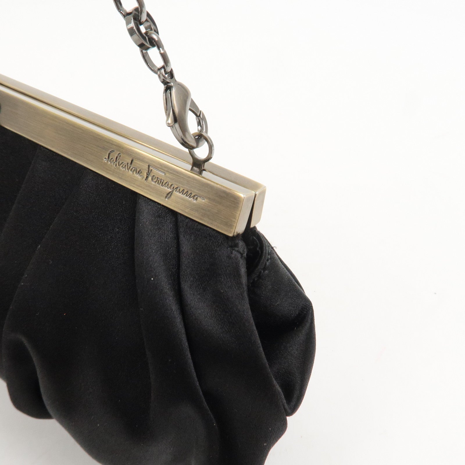 Ferragamo Gancini Satin Chain 2Way Bag Clutch Bag Black