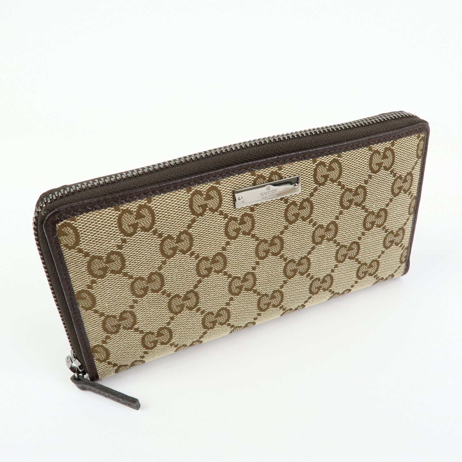 GUCCI GG Canvas Leather Round Zippy Long Wallet Beige Brown 112724