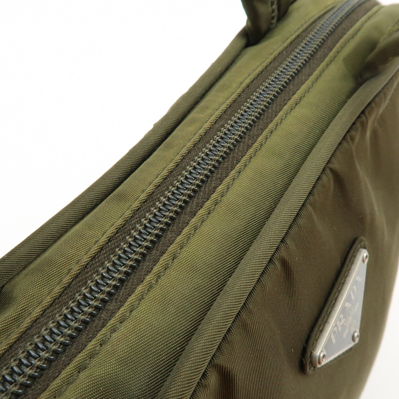 PRADA Triangle Logo Nylon Leather Hand Bag Boston Bag Khaki