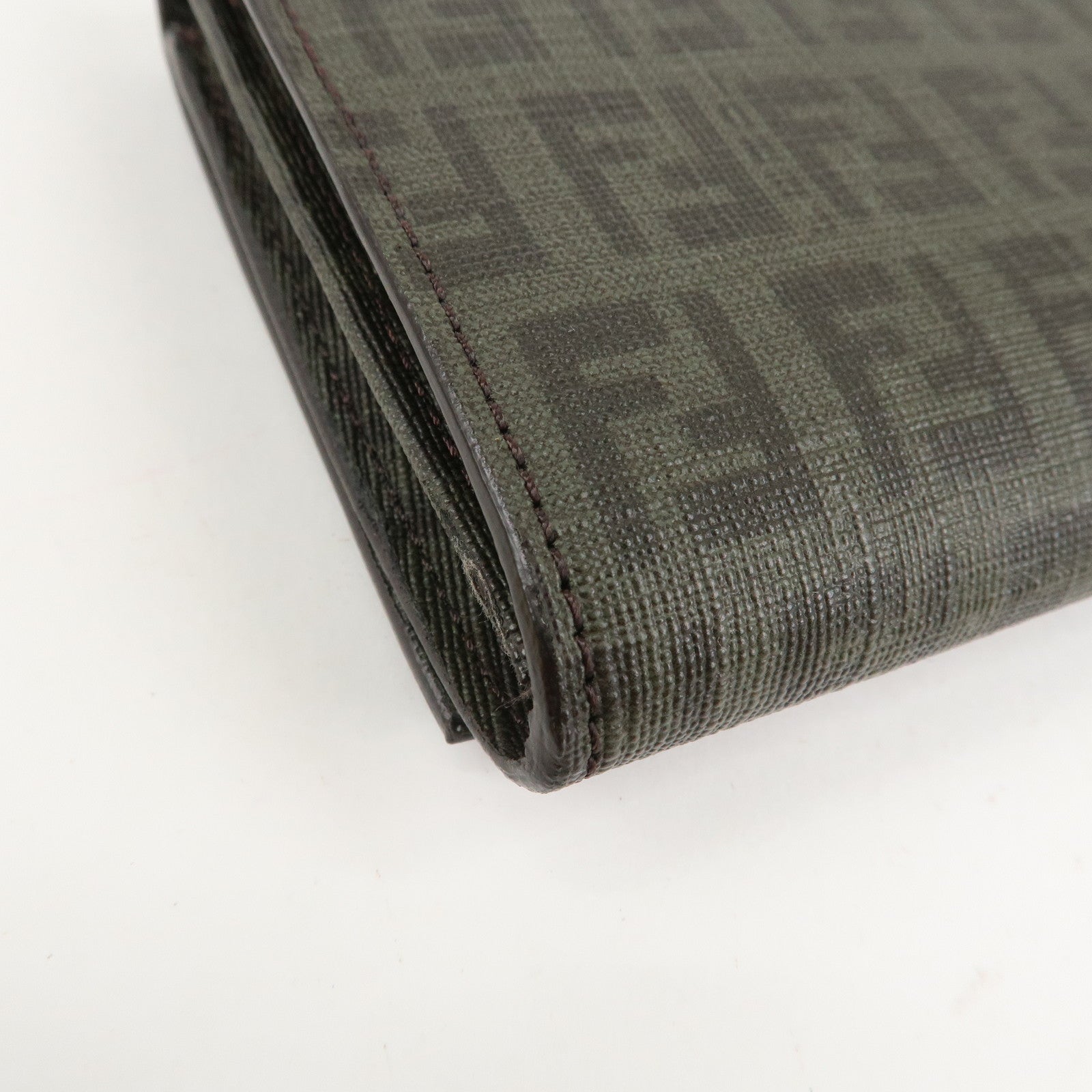 FENDI Zucchino PVC Flap Bi-Fold Long Wallet Black Moss Green 8M0235 Used