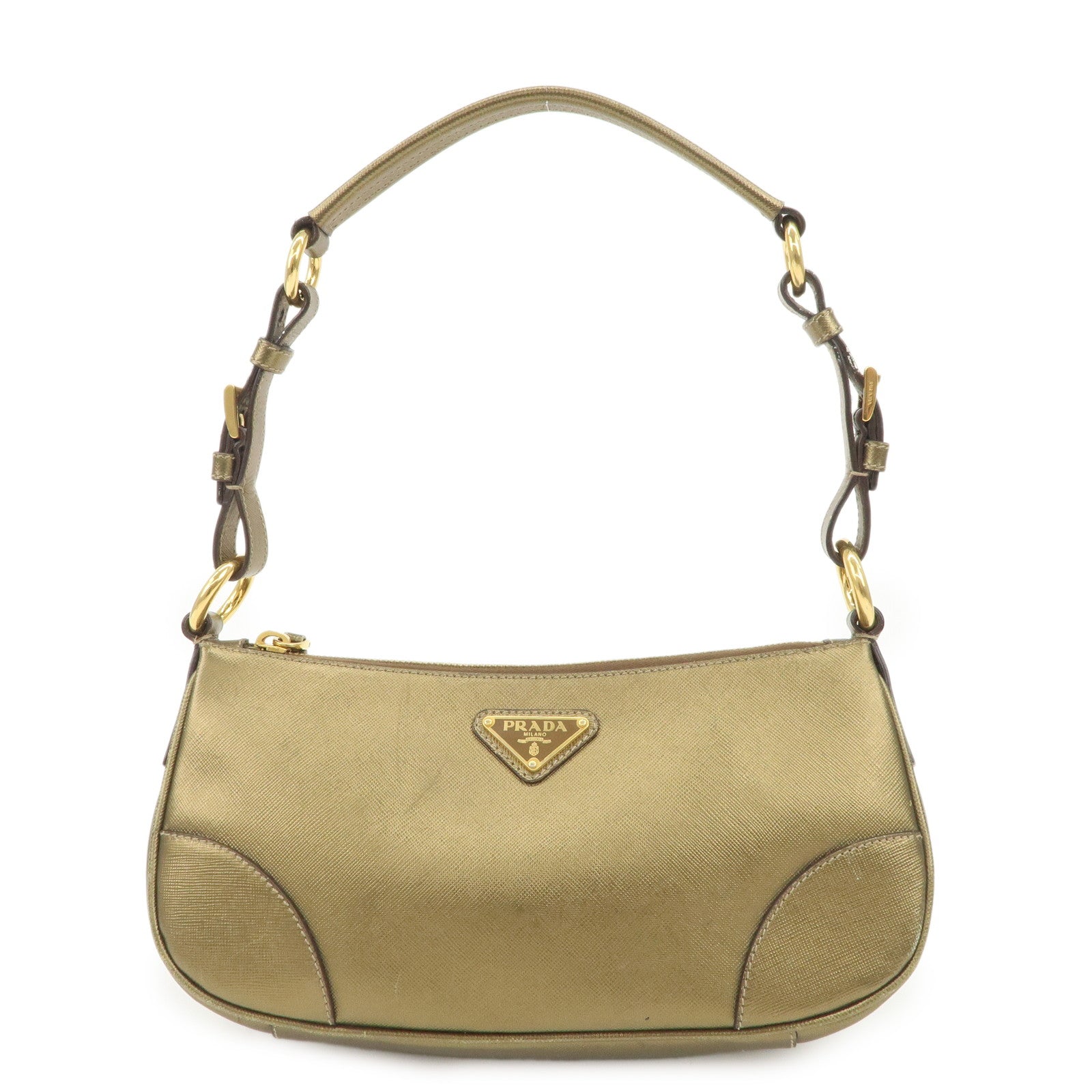 PRADA Triangle Logo Saffiano Leather Shoulder Bag Hand Bag Gold