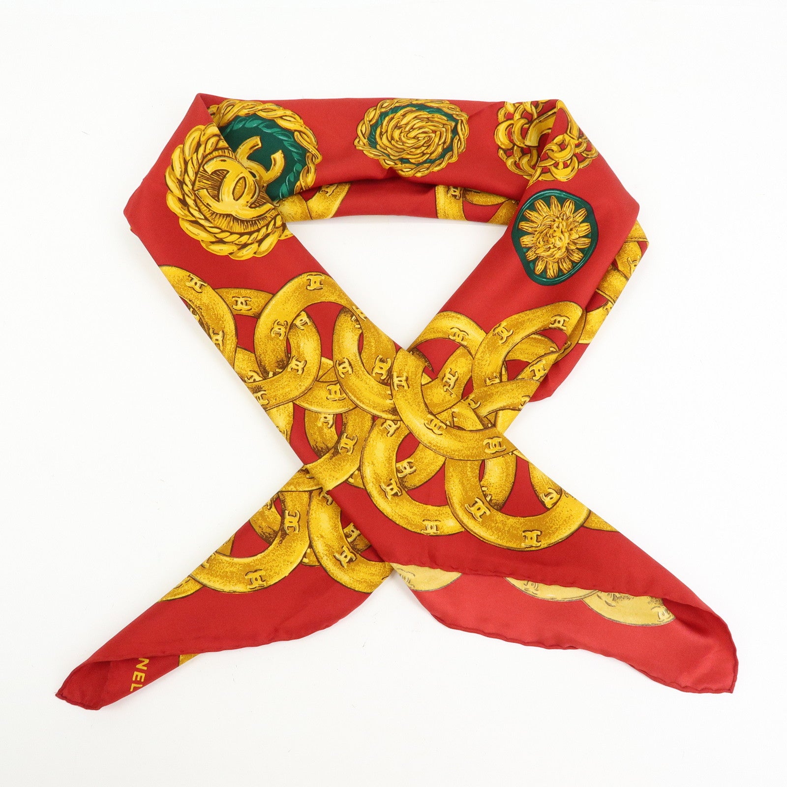 CHANEL COCO Mark Silk 100% Scarf Red Gold Multicolor