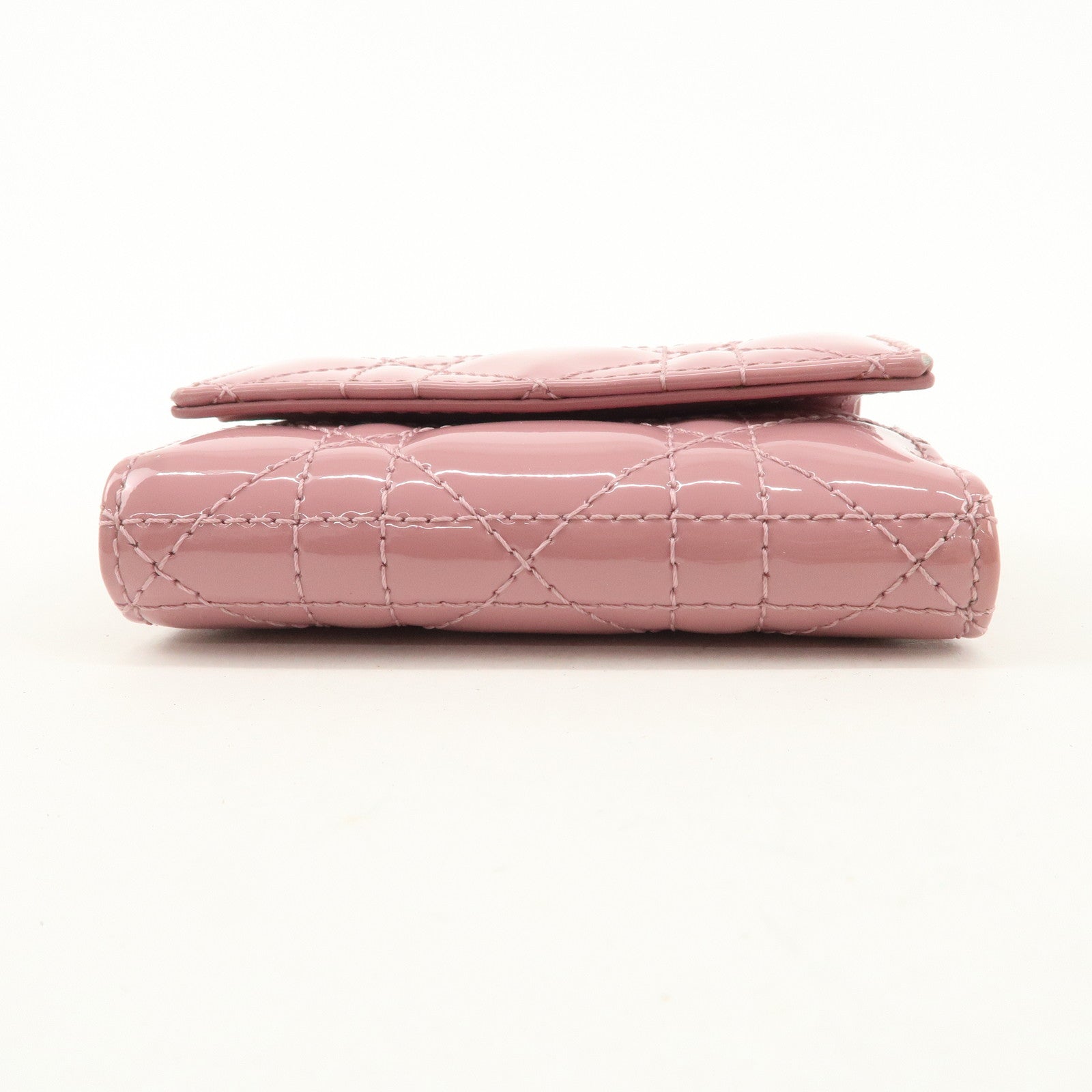 Christian Dior Lady Dior Cannage Patent Leather Tri-fold Wallet Pink Used