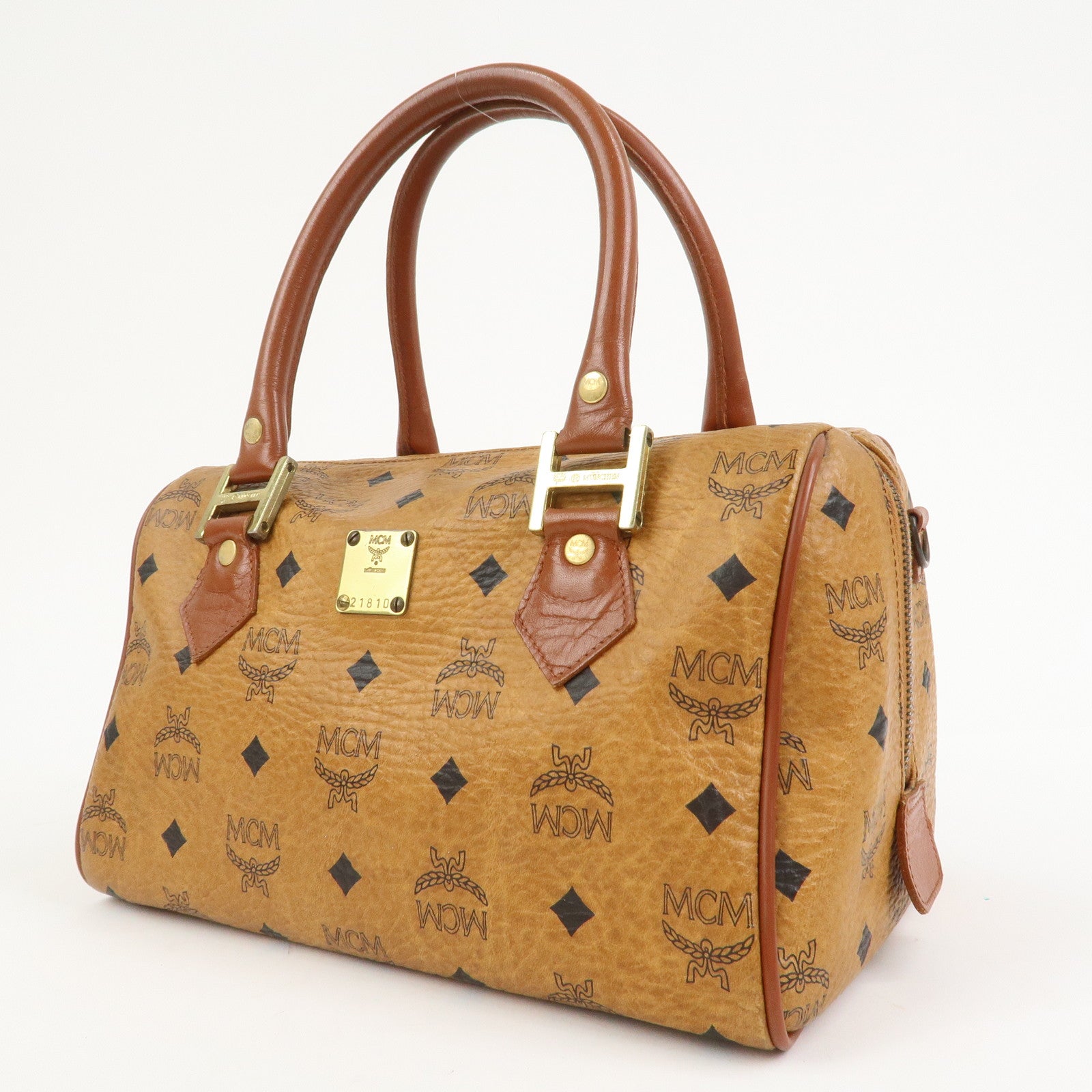 MCM Visetos Leather Boston Bag Hand Bag Brown