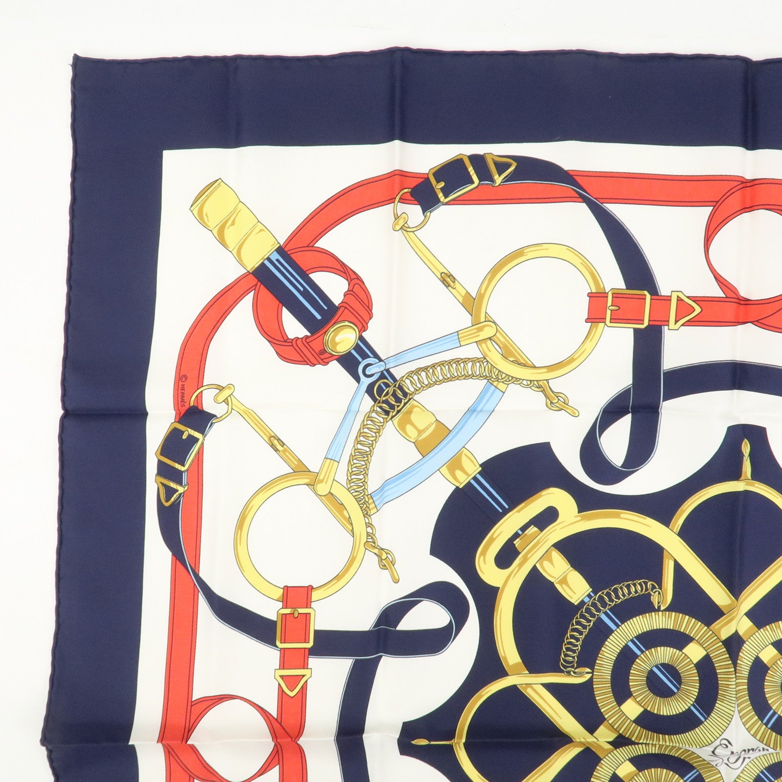 HERMES Carre 90 Silk 100% Scarf Eperon d'or Navy White