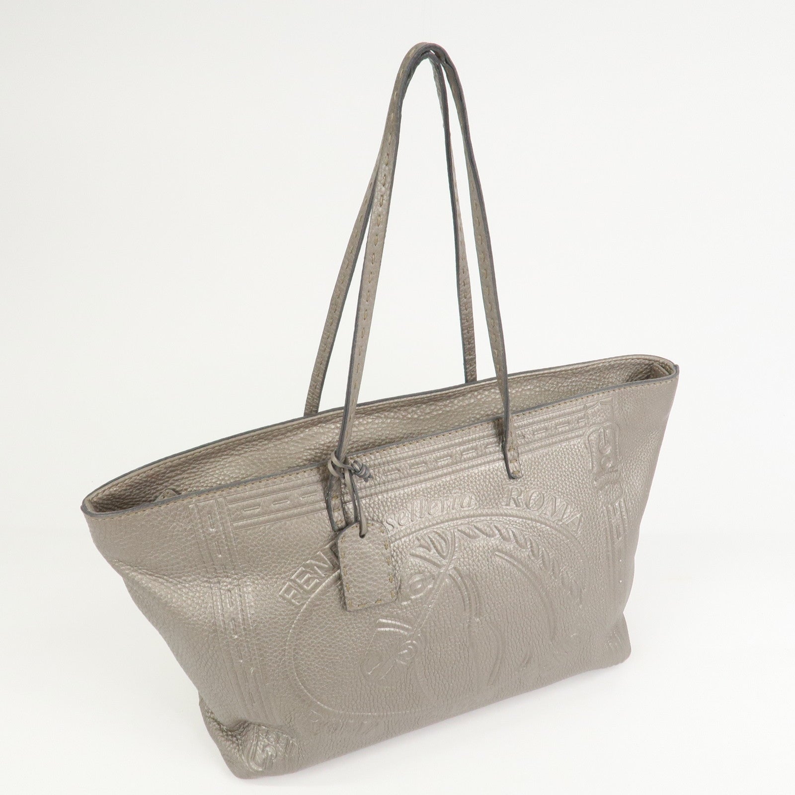 FENDI Seleria Logo Leather Tote Bag Shoulder Bag Gray 8BH185