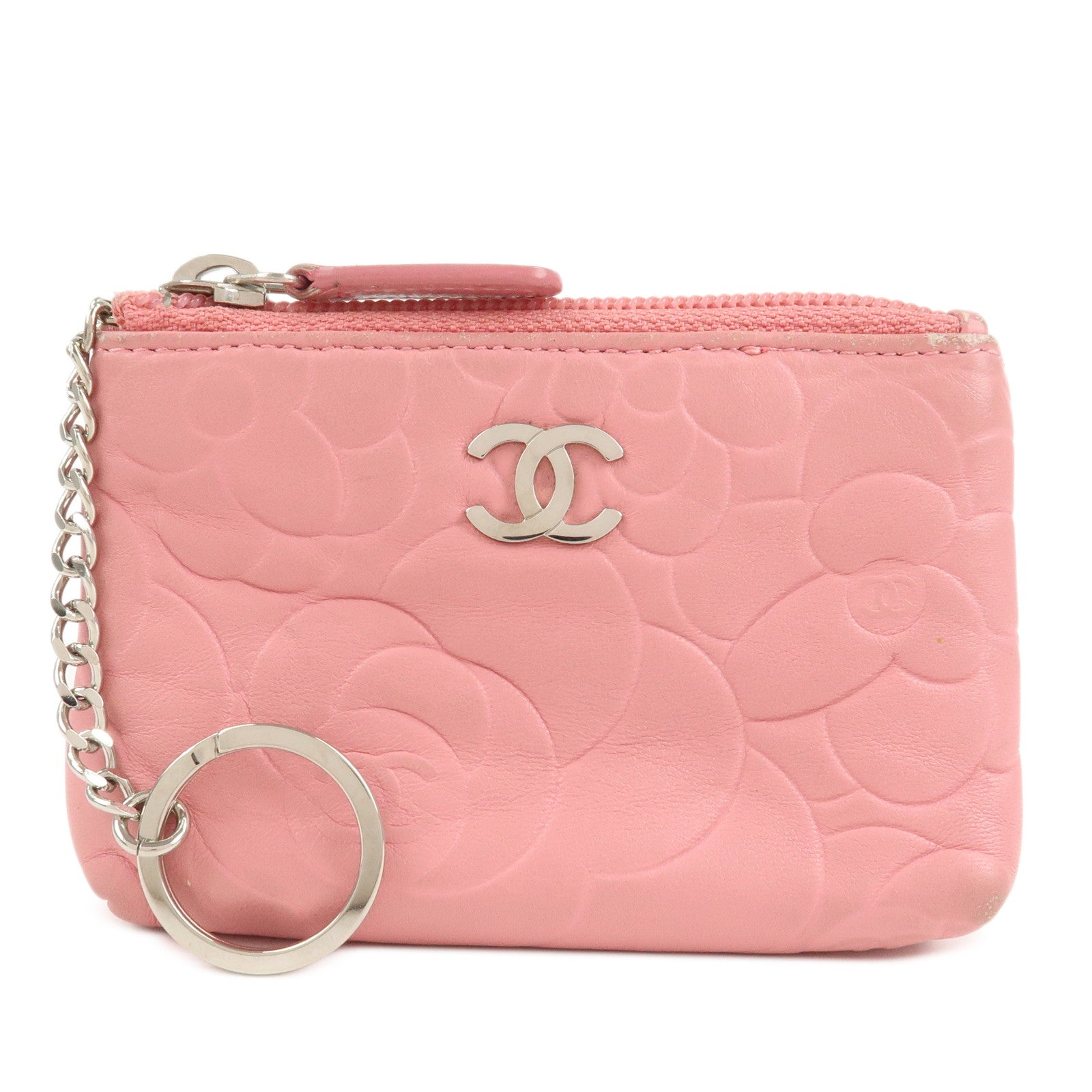 CHANEL Camellia Lamb Skin Leather Coin Case Pink