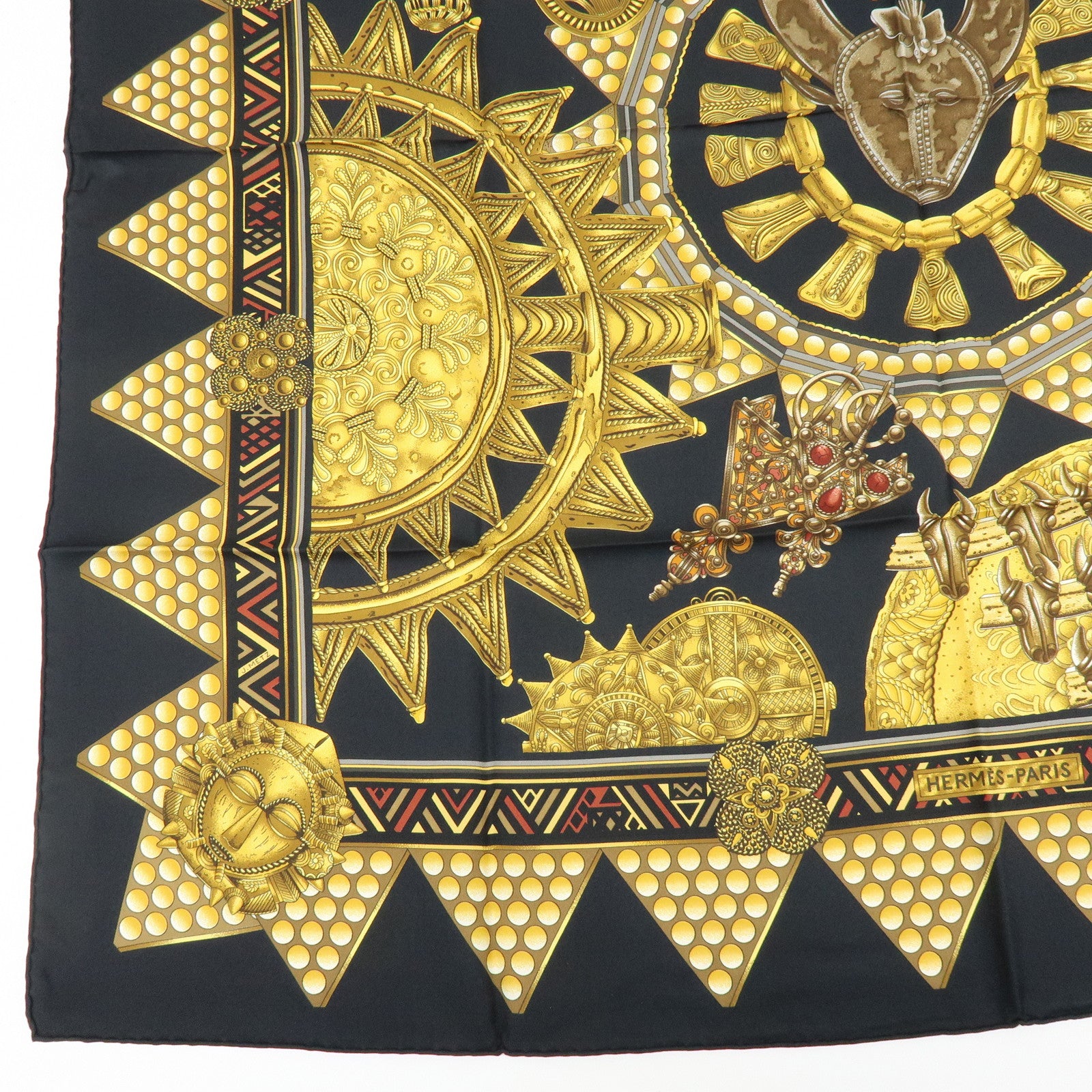 HERMES Carre 90 Silk 100% Scarf L'OR DES CHEFS Black Gold