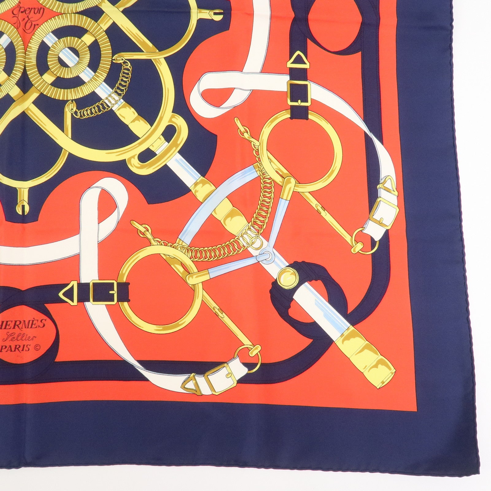 HERMES Carre 90 Silk 100% Scarf Eperon d'or White Navy