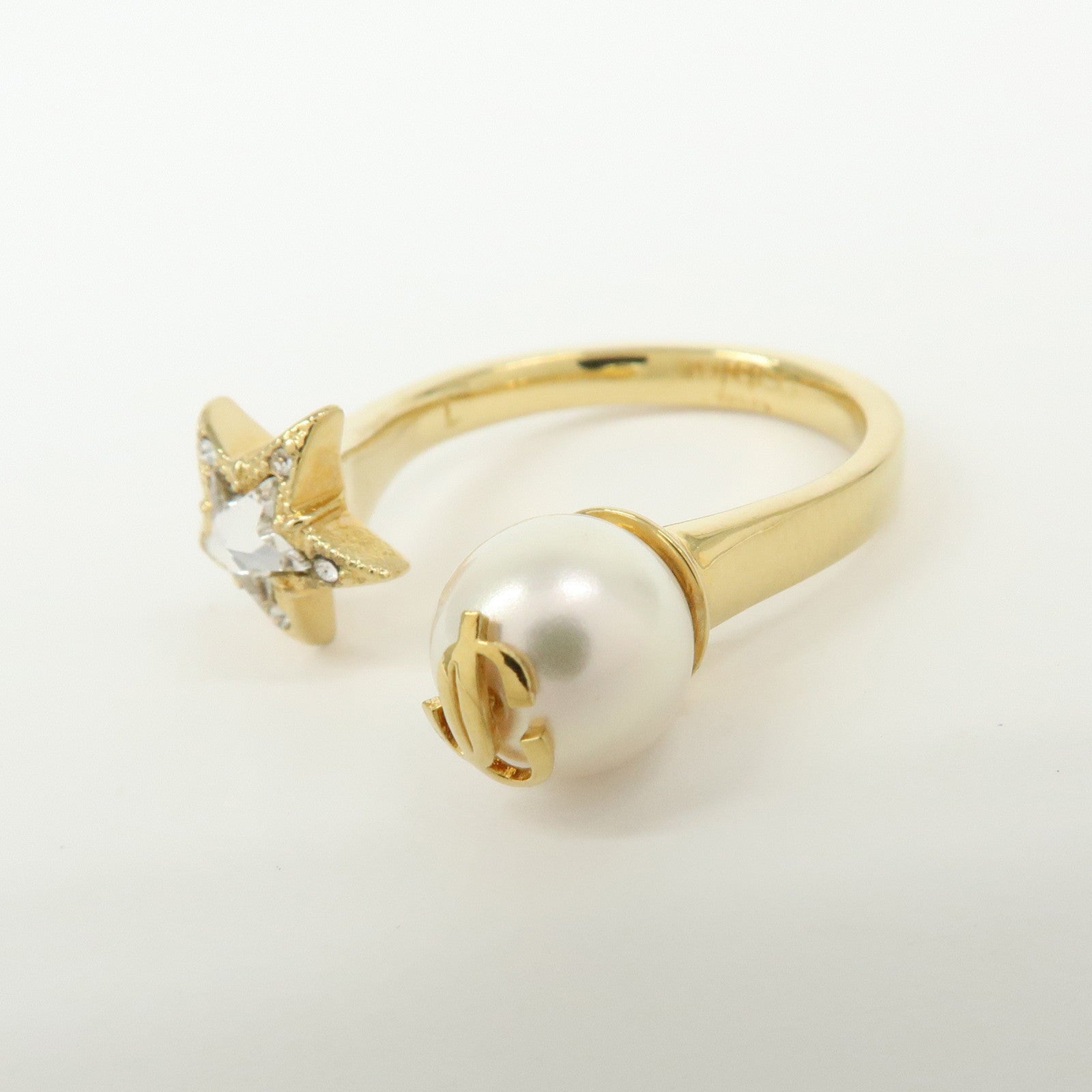 JIMMY CHOO Faux Pearl Crystal Metal Ring Gold Pearl White US8 EU56