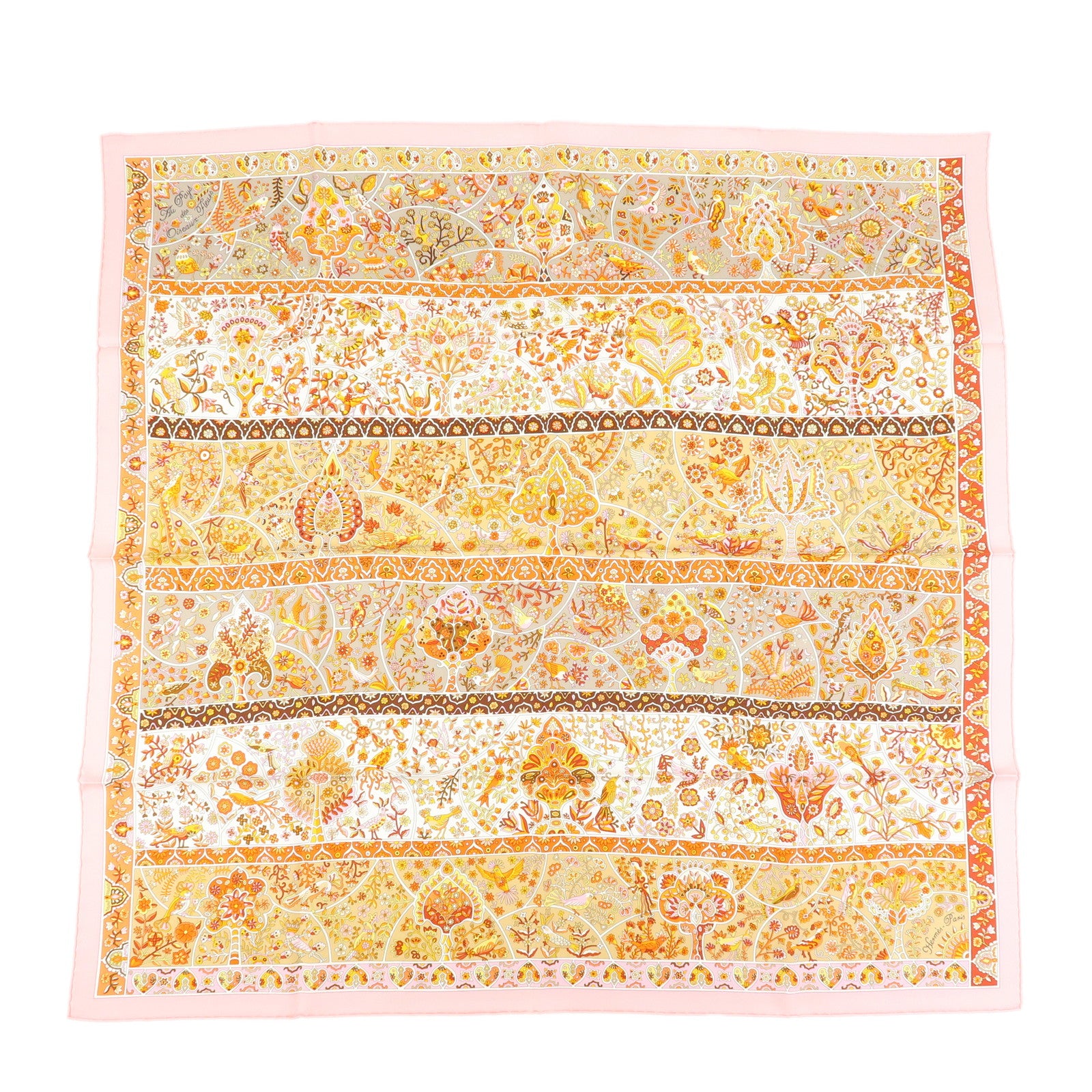 HERMES Carre 90 Silk 100% Scarf Au Pays des Oiseaux Fleurs Beige