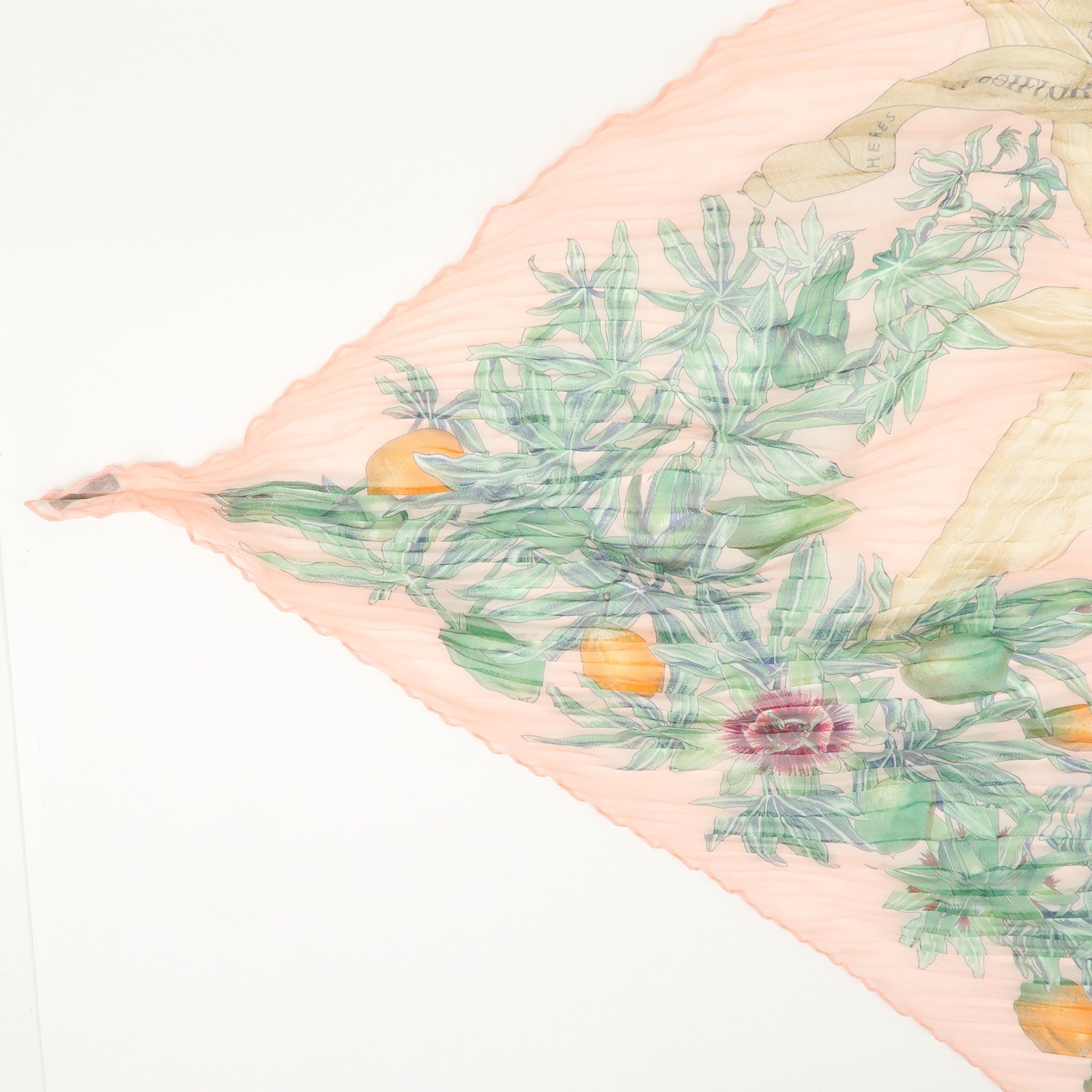 HERMES Pleated Carre Silk 100% Scarf PASSIFLORES Pink Multicolor