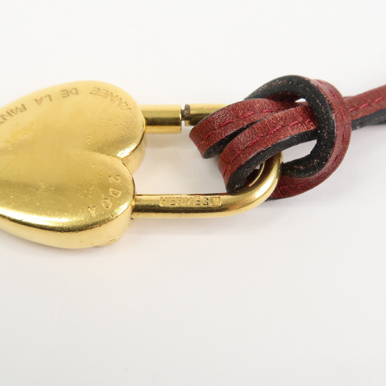 HERMES Vivaldi Heart Cadena Necklace Metal Leather Gold Red