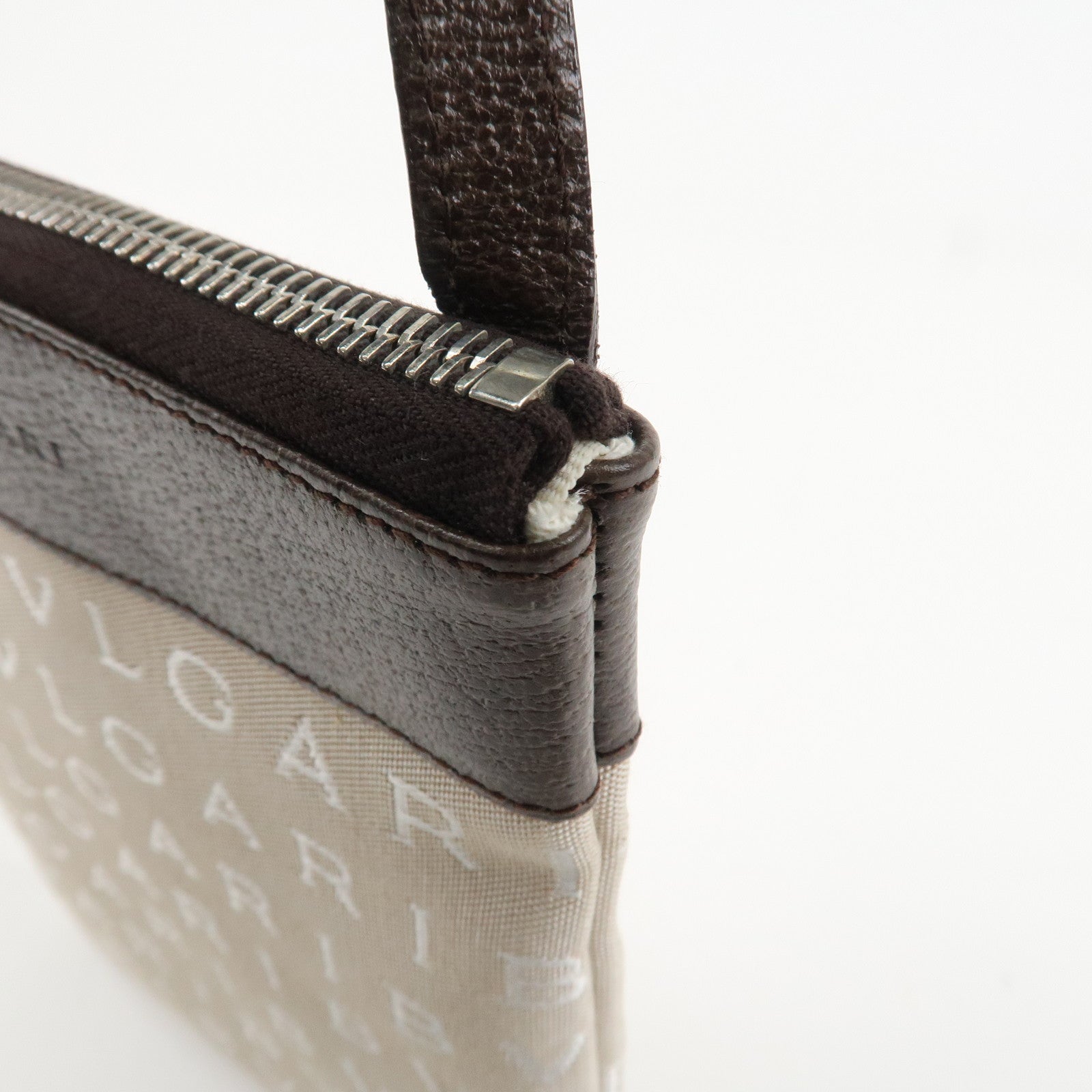 BVLGARI Logo Mania Leather Canvas Shoulder Bag Beige Dark Brown Used