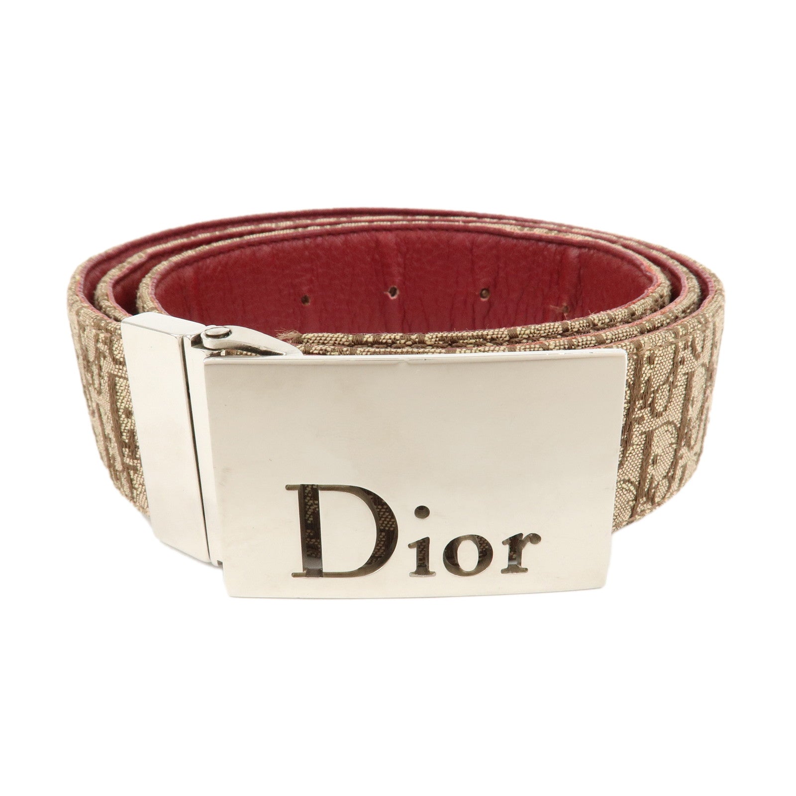 Christian Dior Trotter Canvas Leather CD Belt 95cm Beige Bordeaux Used