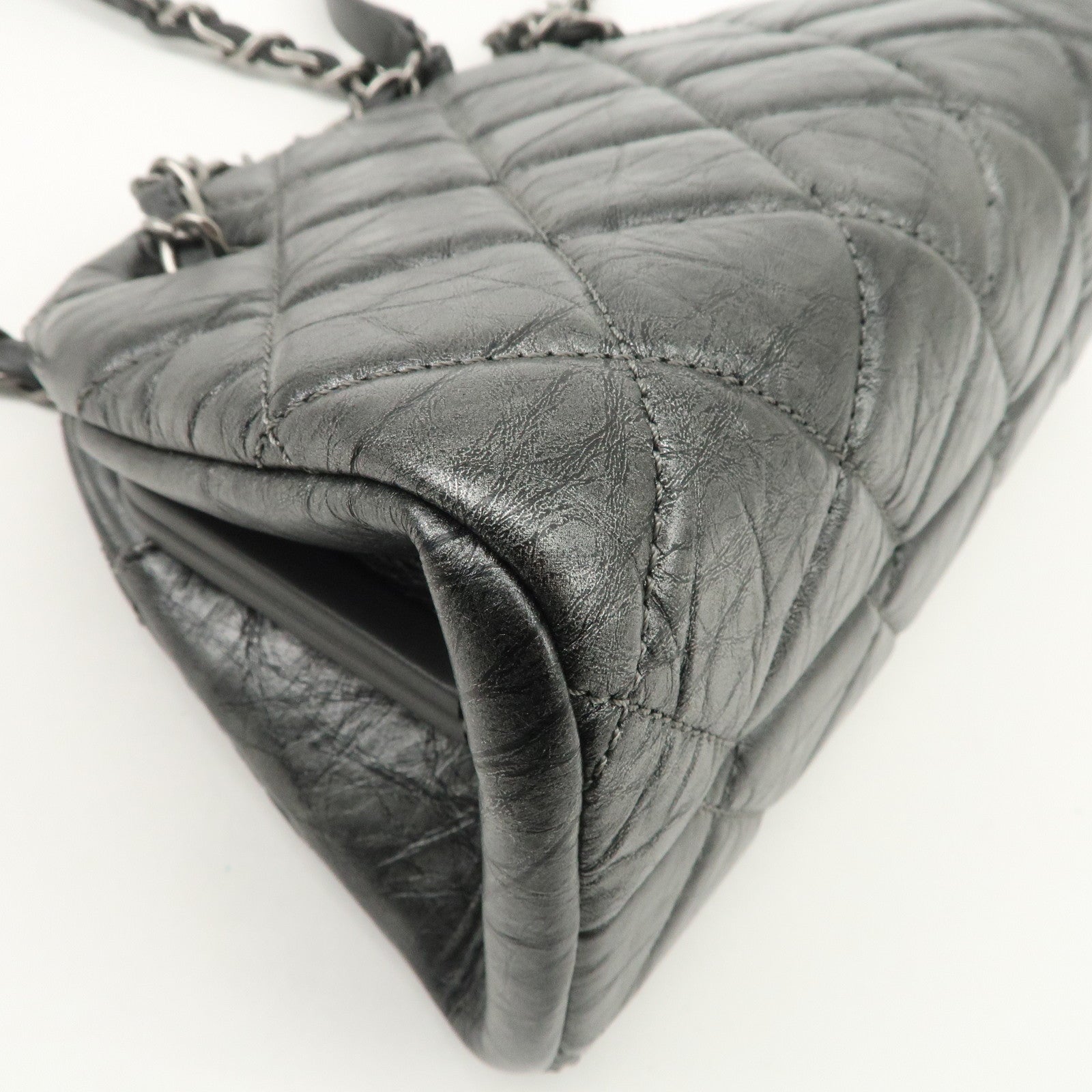 CHANEL Matelasse Leather Mademoiselle Chain Shoulder Bag Gray Silver Used