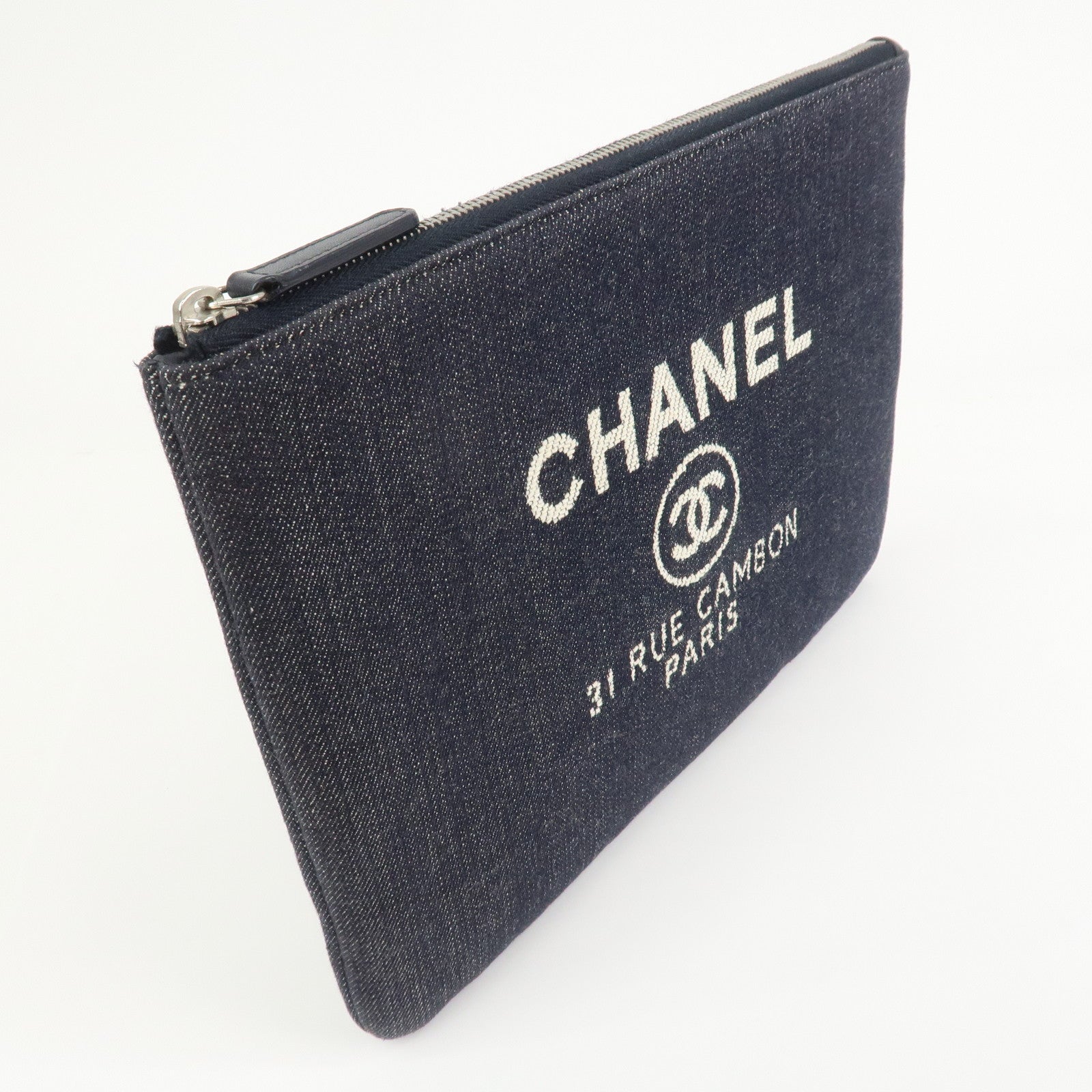 CHANEL Deauville Canvas Denim Clutch Bag Pouch Denim A80802